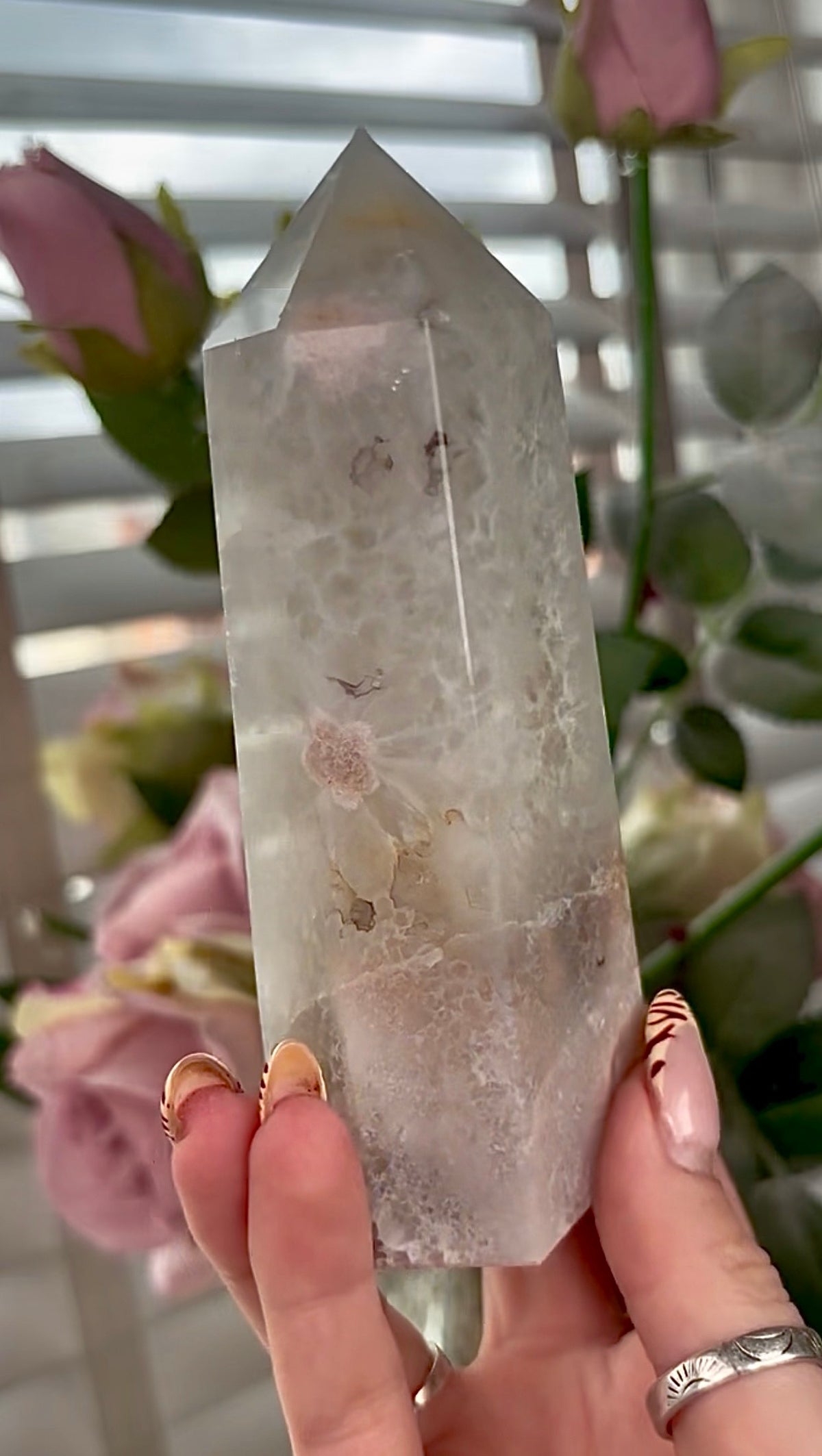 Stunning!! Super high quality, Druzy, green chlorite x blue flower agate tower