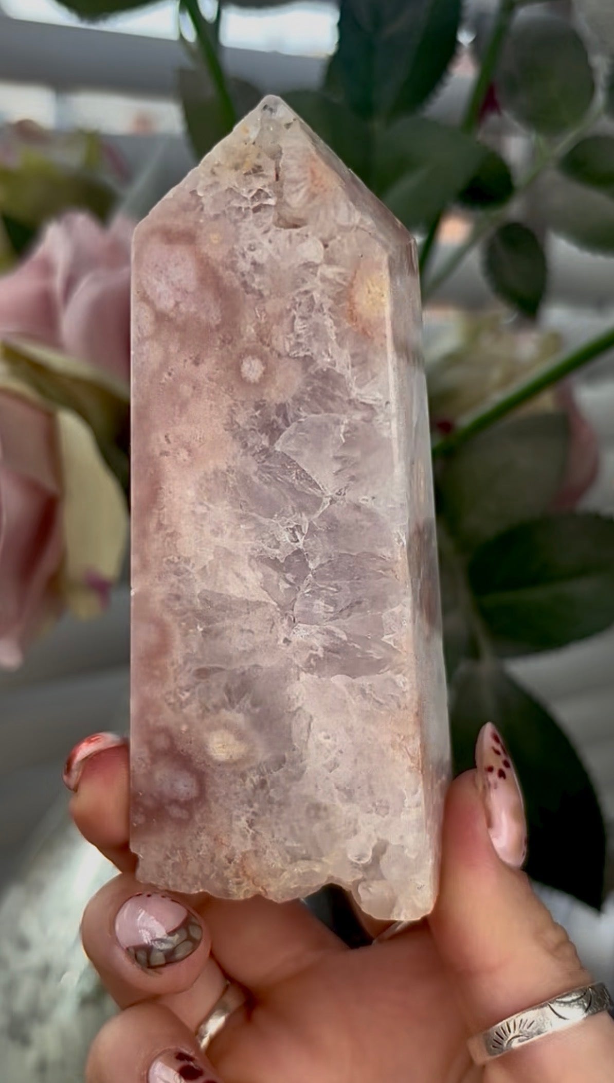 Pink amethyst Flower agate tower with quartz