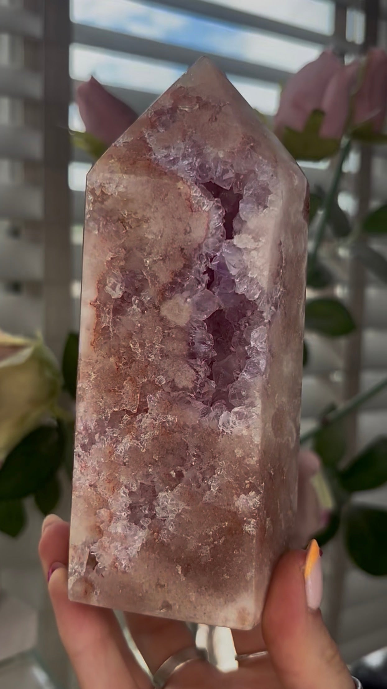 Beautiful Large, Pink amethyst tower with quartz druzy