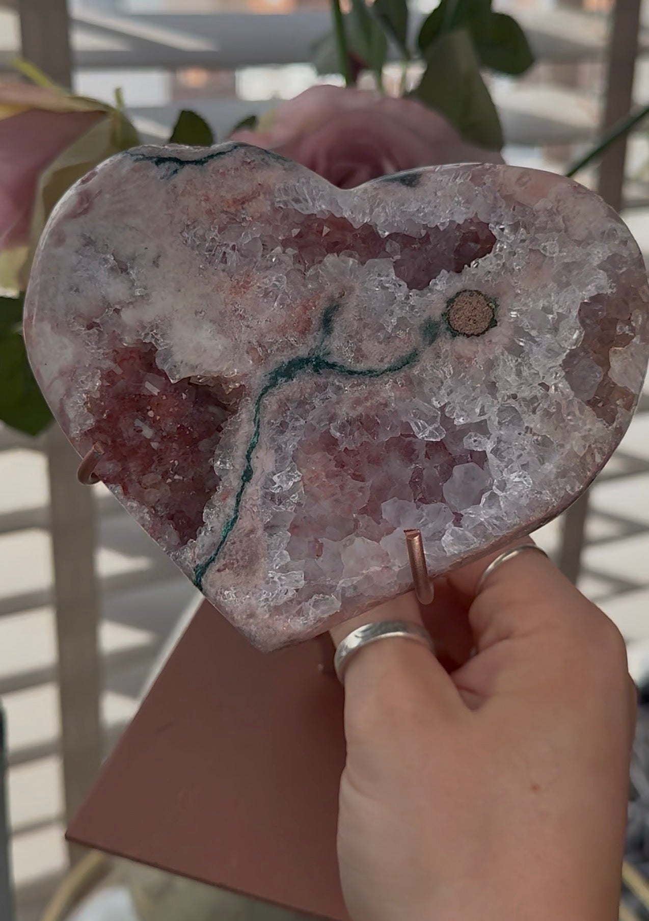 Hq pink amethyst heart with Jasper - comes with stand