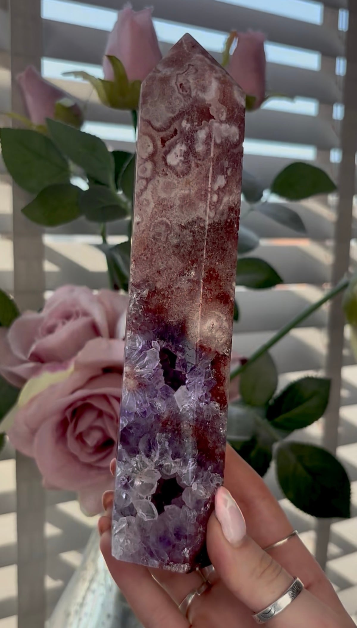 Beautiful, high quality, tall, Pink amethyst tower with purple quartz & red hematite - 20cm