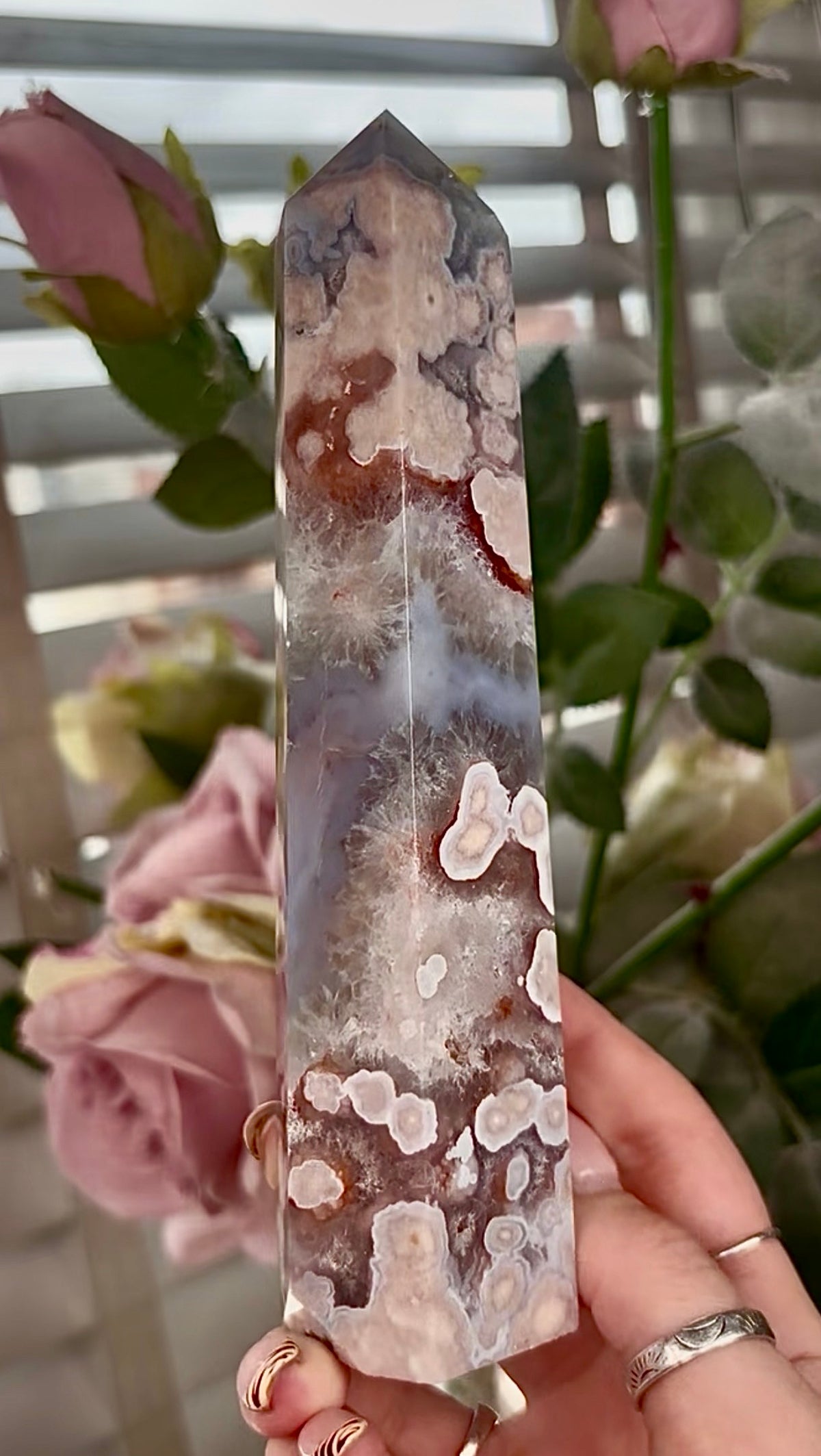 Stunning!! Super high quality, Druzy, green chlorite x blue flower agate tower