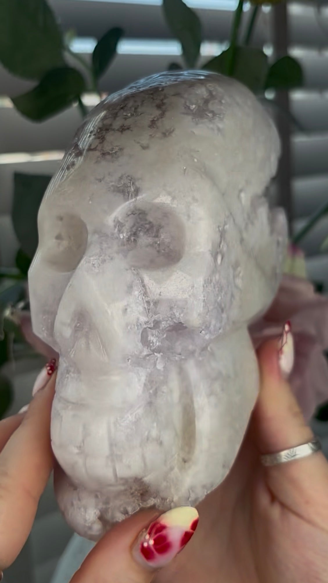 High grade, pink amethyst skull carving with chunky druzy