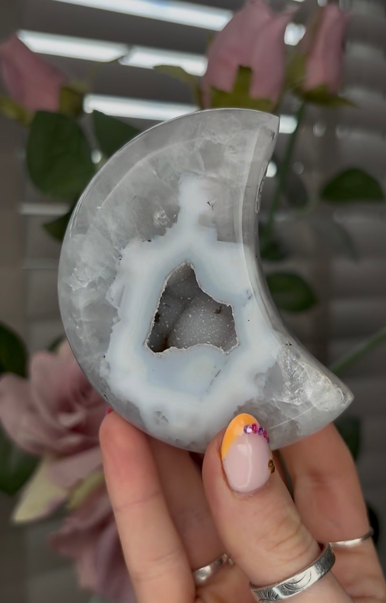 Beautiful, agate moon with druzy - comes with stand