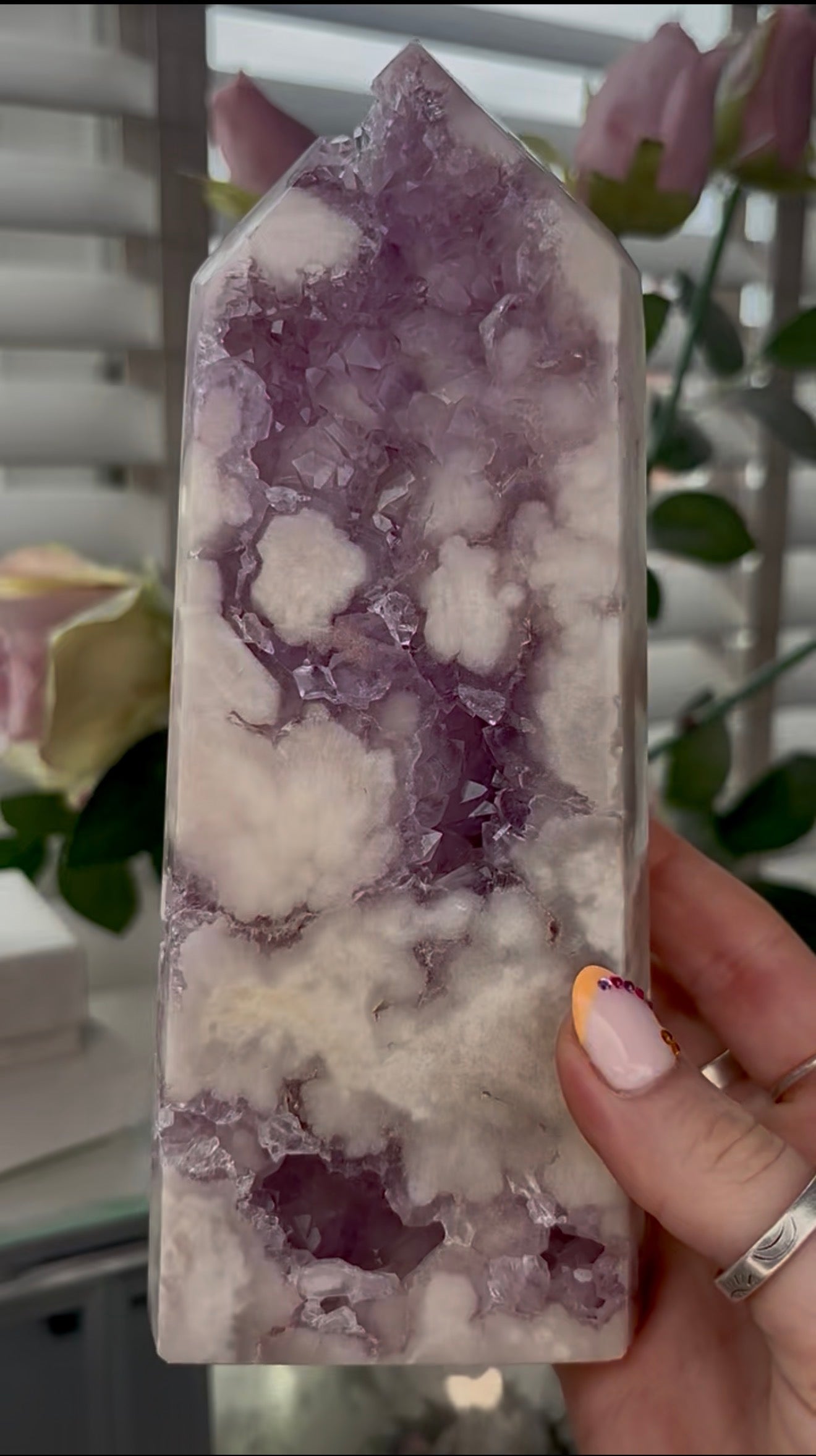 Huge, High quality, Pink amethyst tower, with purple quartz druzy