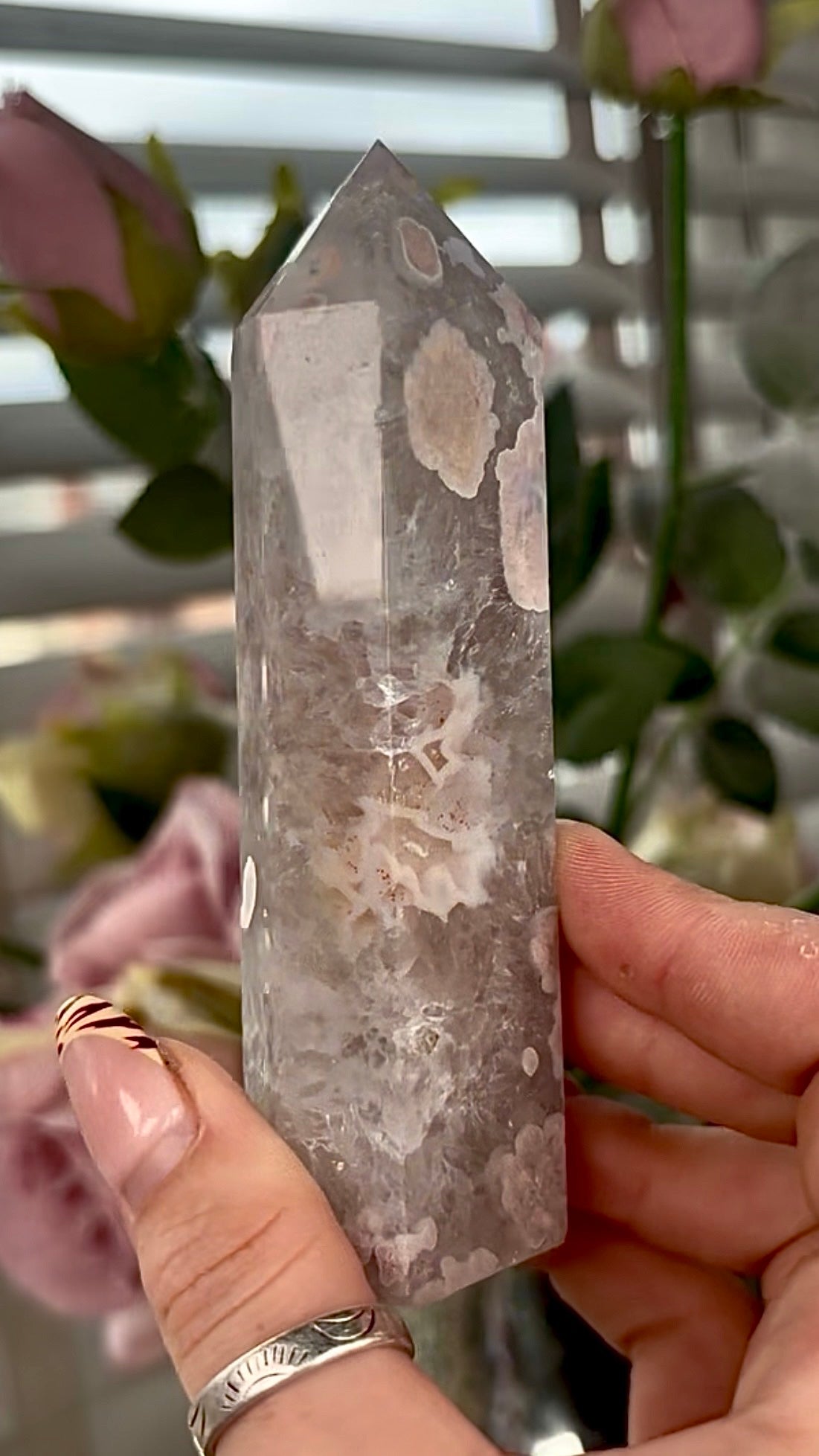 Stunning!! Super high quality, Druzy, green chlorite x blue flower agate tower