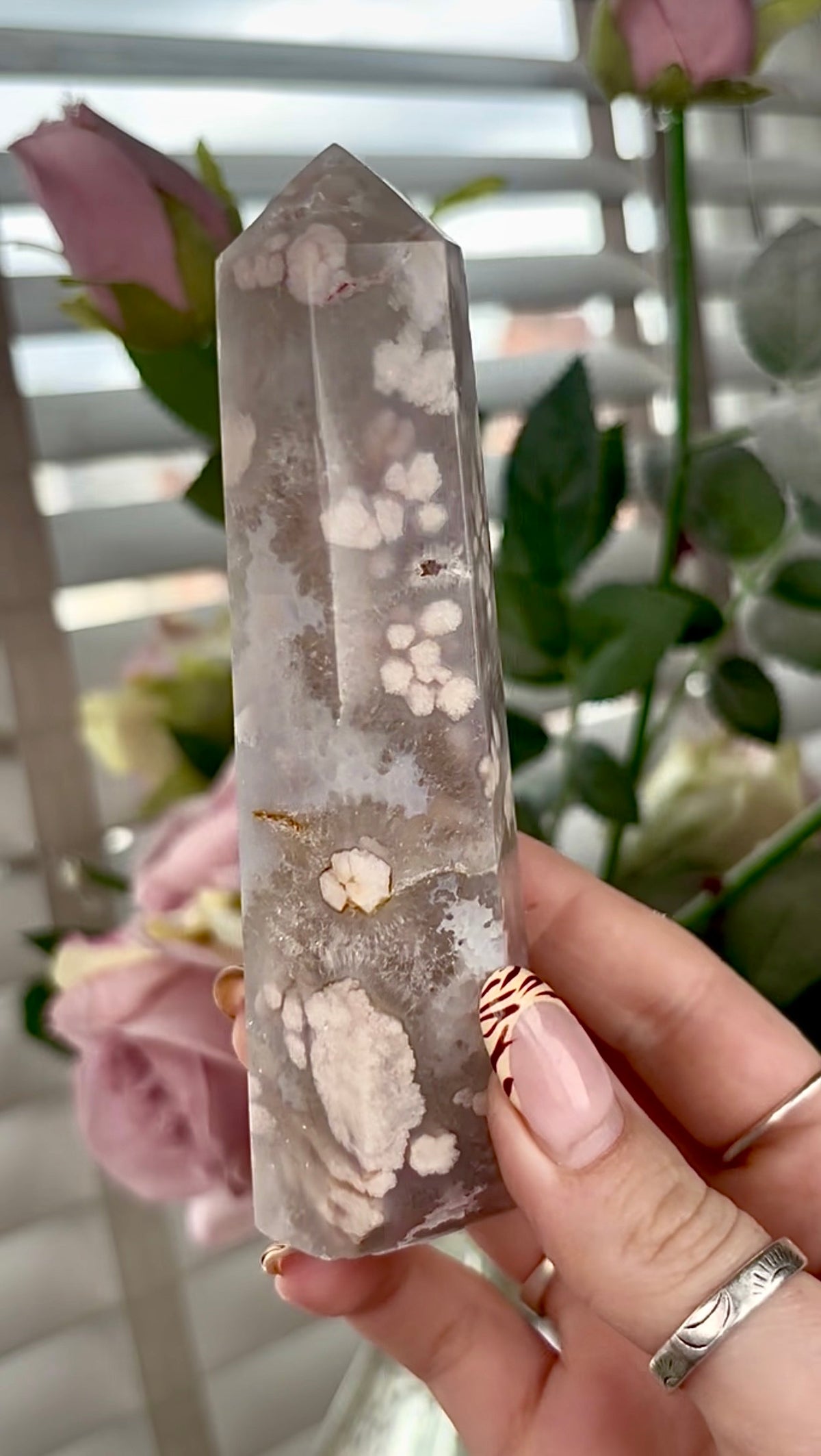 Stunning!! Super high quality, Druzy, green chlorite x blue flower agate tower