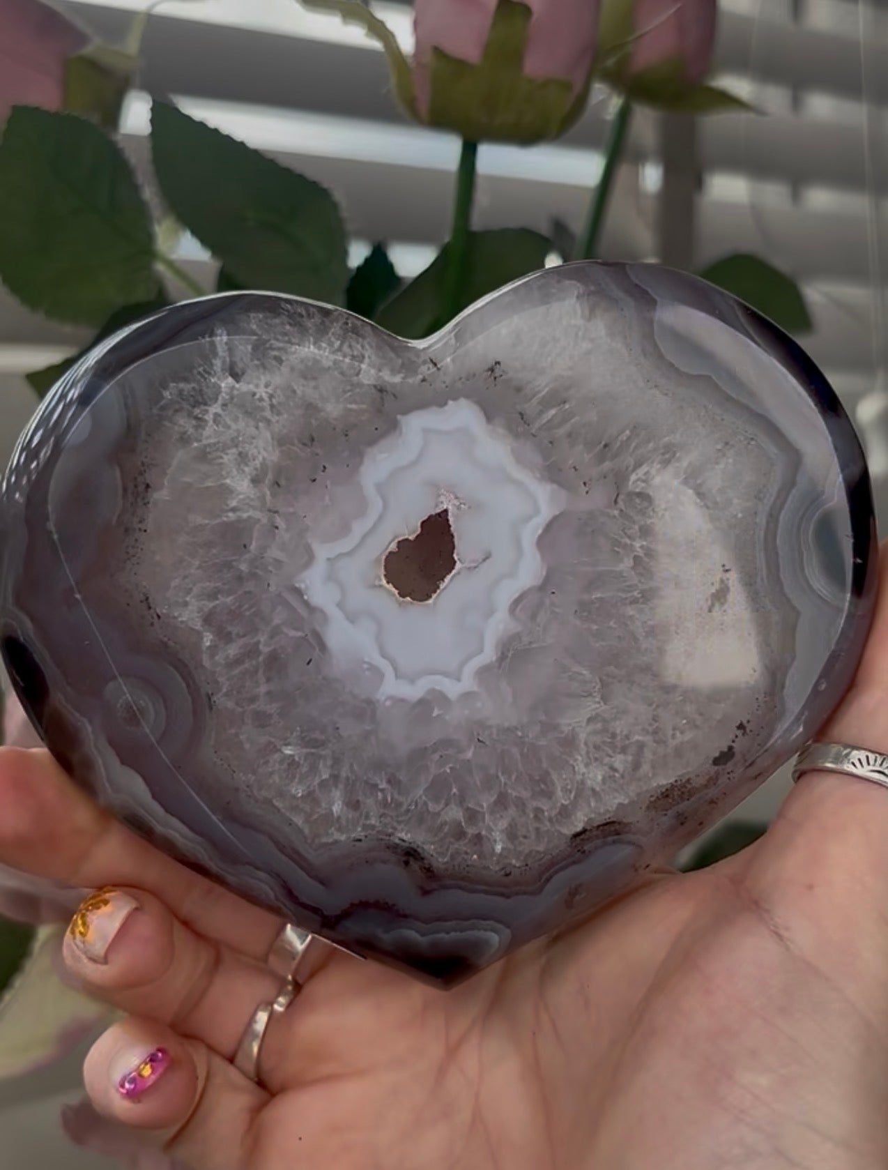 Beautiful, high quality, blue agate heart with druzy - stand included