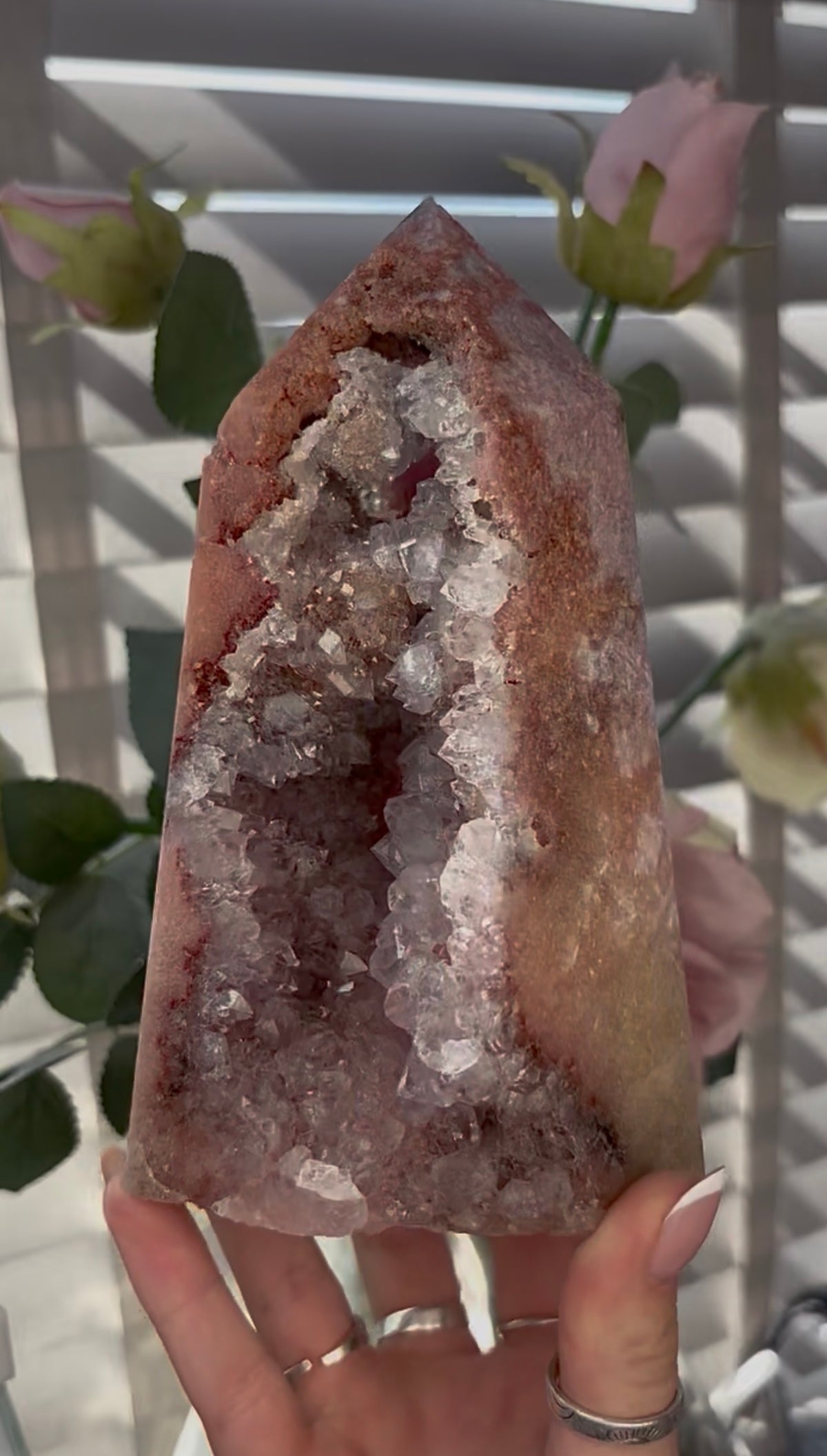 Beautiful, huge, chunky Pink amethyst tower with quartz teeth 16.5cm(h) by 9.4cm(w)