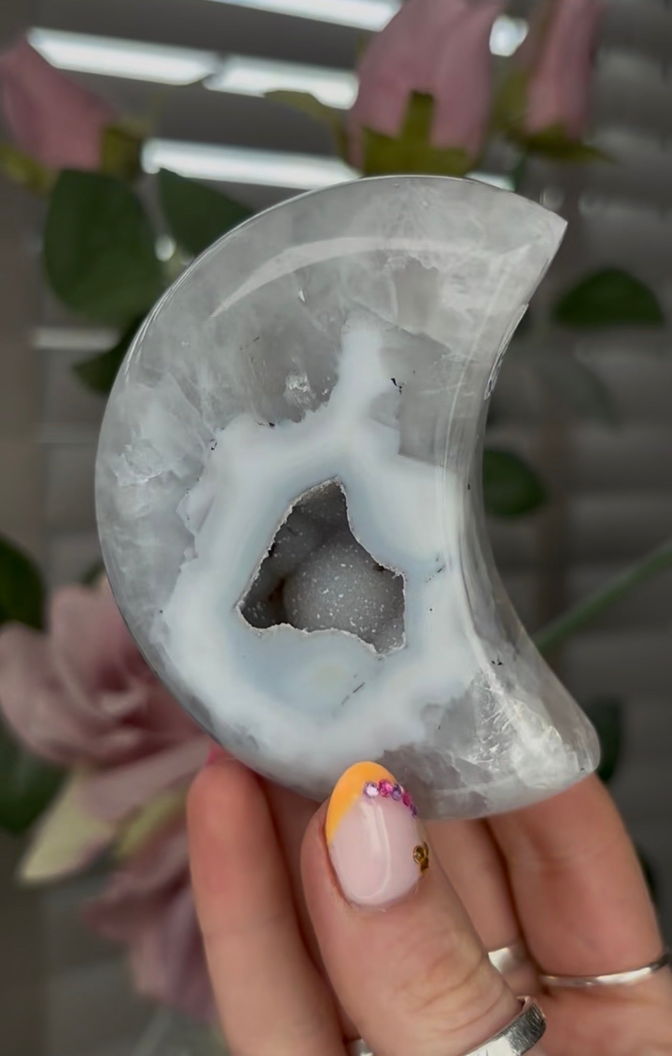 Beautiful, agate moon with druzy - comes with stand