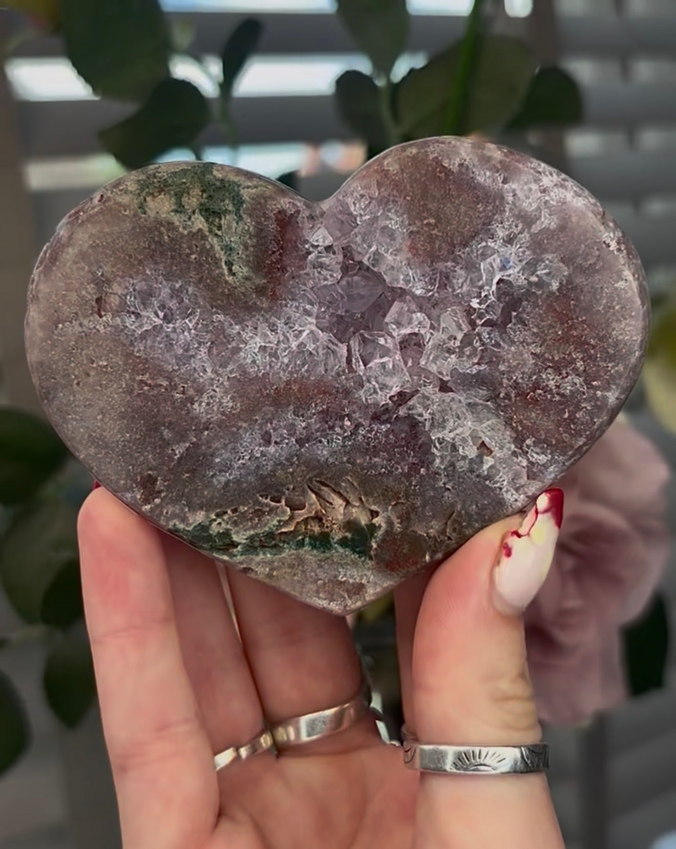 pink amethyst heart with Jasper and quartz - comes with stand (10cm)