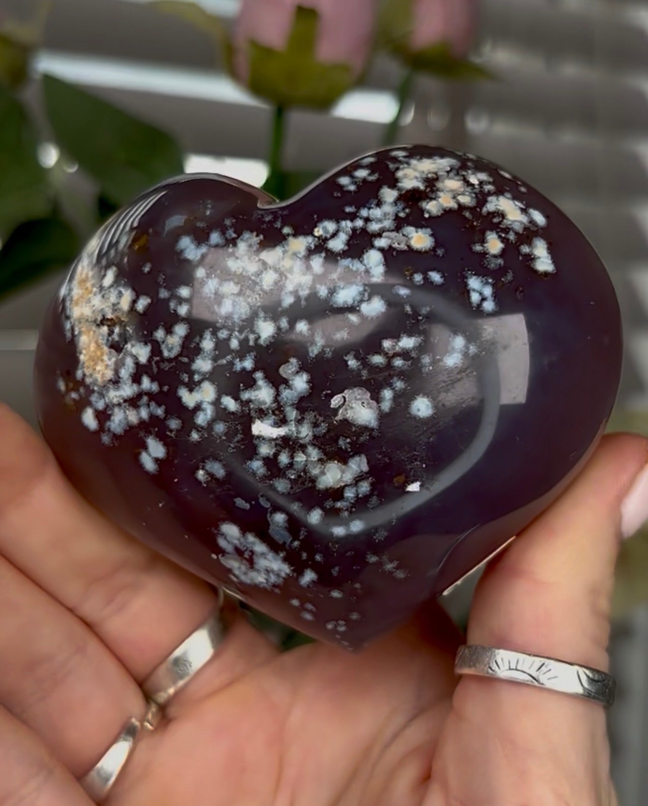 Beautiful, high grade, blue agate heart with druzy - comes with stand