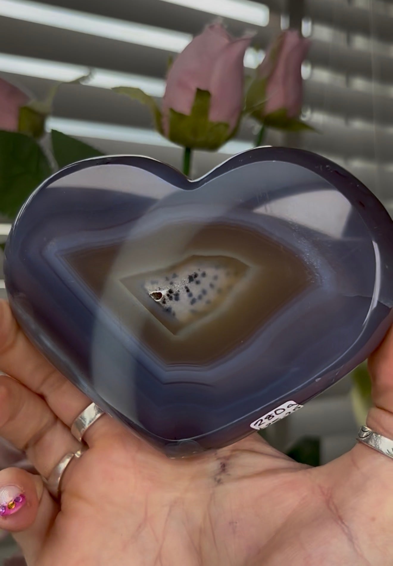 Beautiful, high grade, blue agate heart with druzy - comes with stand