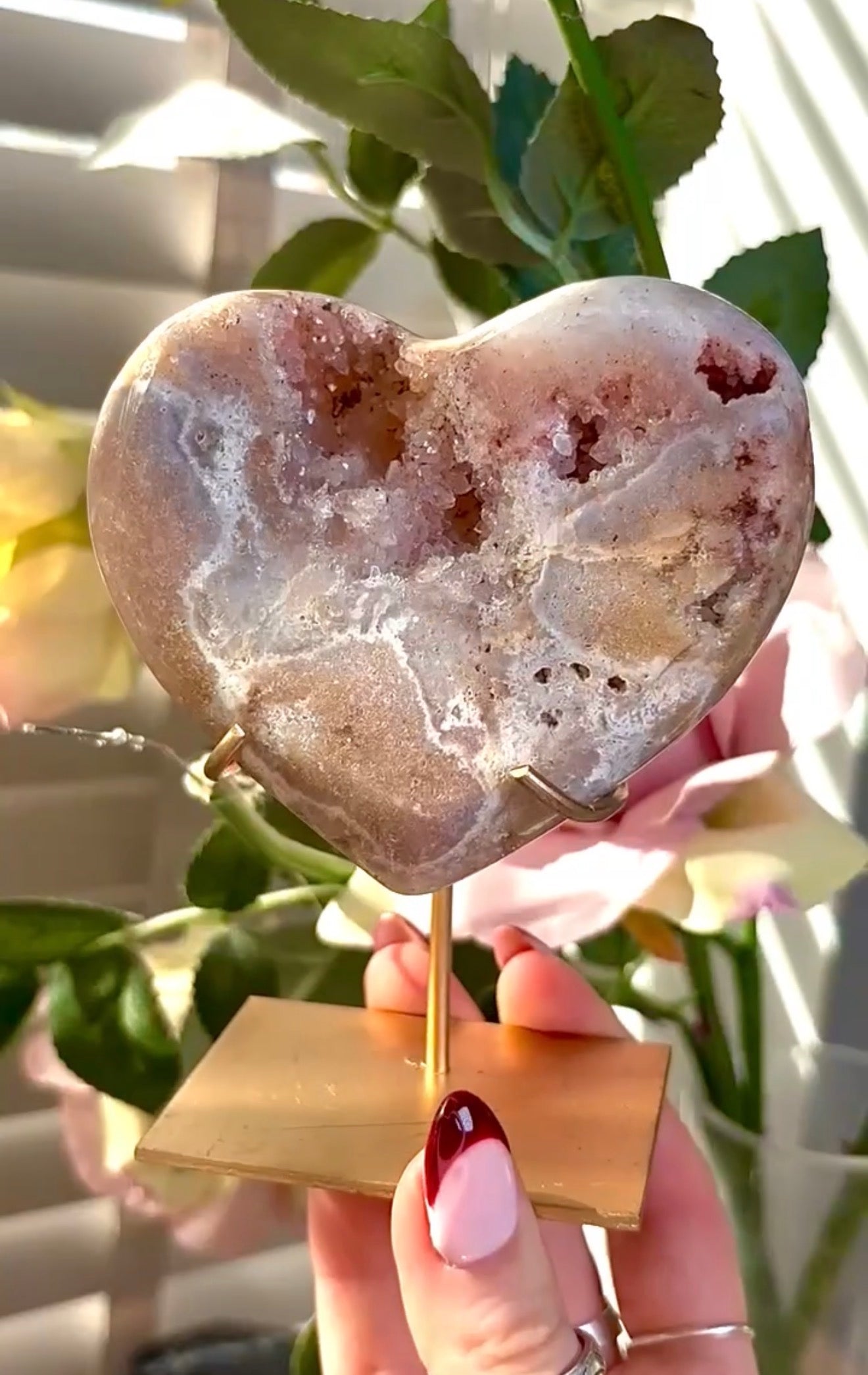 pink amethyst heart - comes with stand