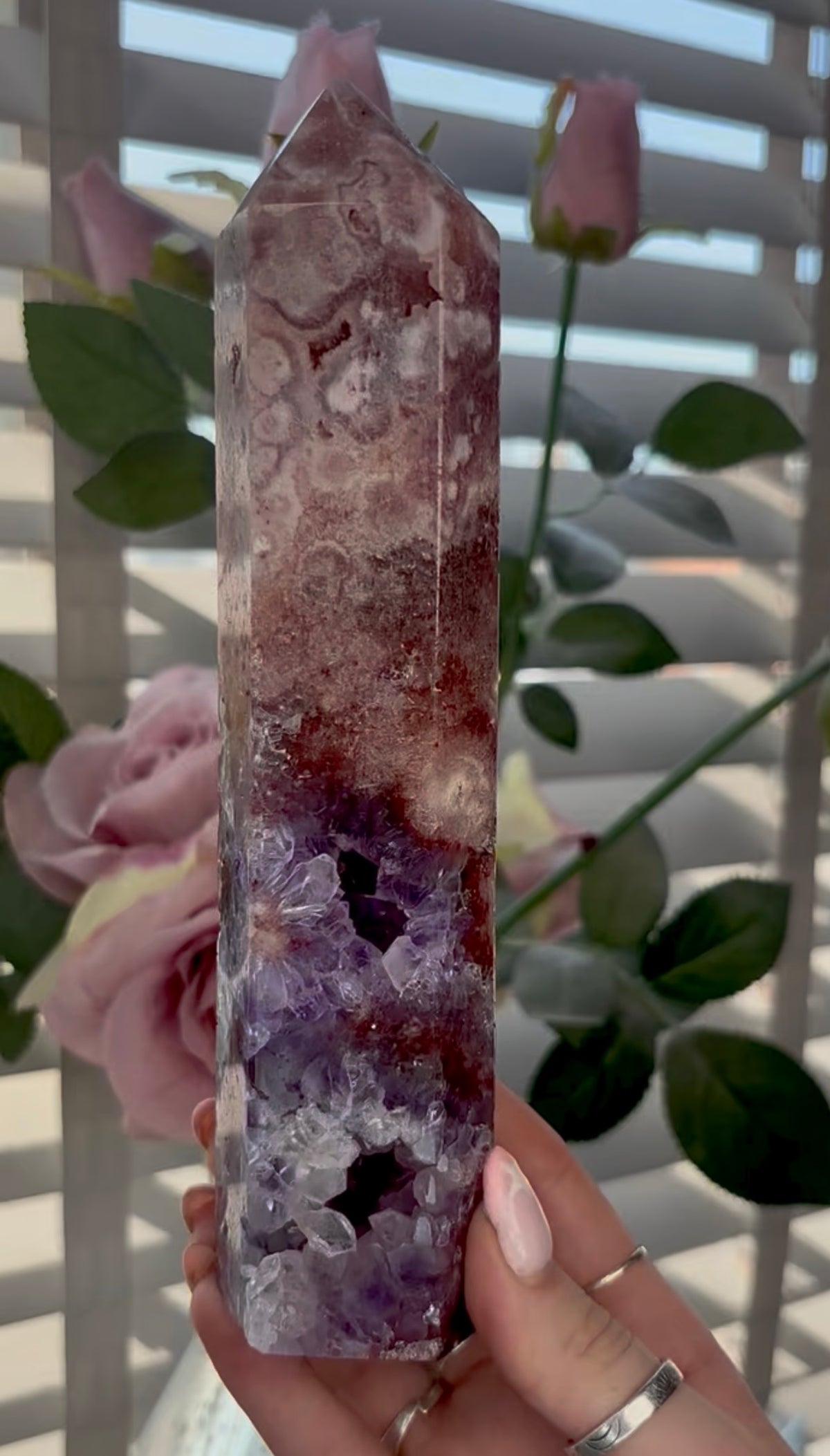 Beautiful, high quality, tall, Pink amethyst tower with purple quartz & red hematite - 20cm