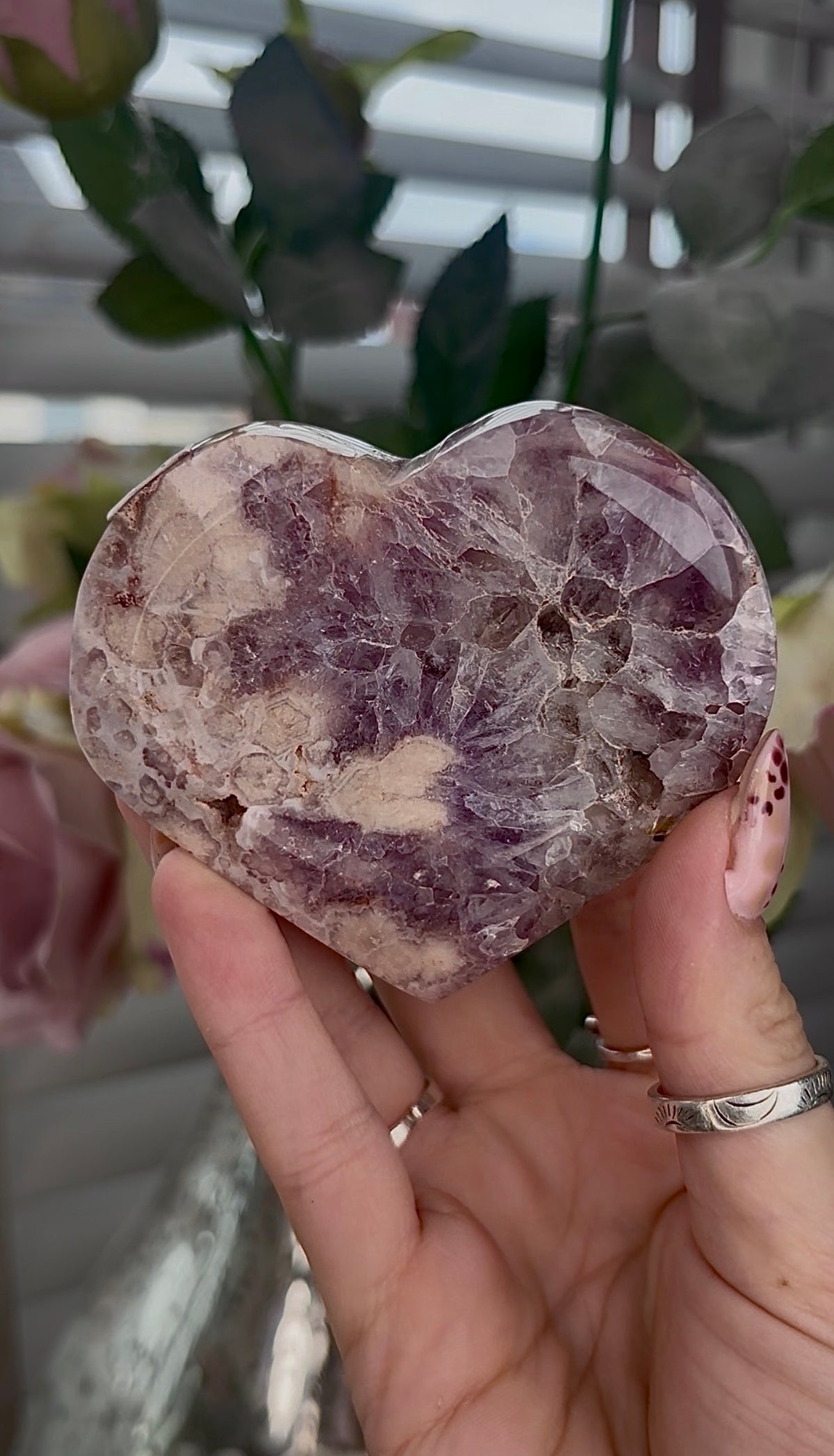 High grade, Amethyst Flower agate heart with stand