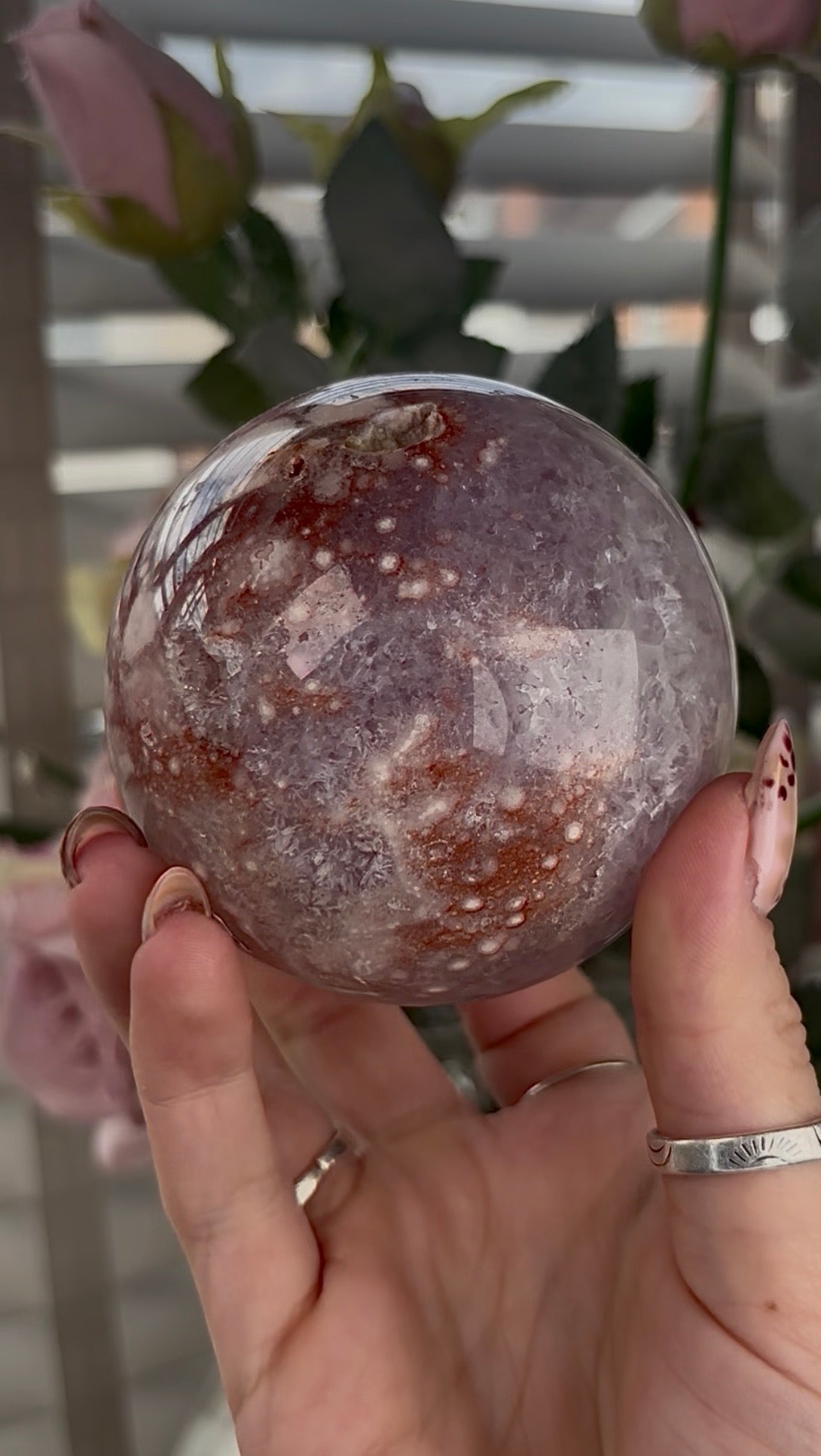 High grade, amethyst Flower agate sphere with high clarity quartz