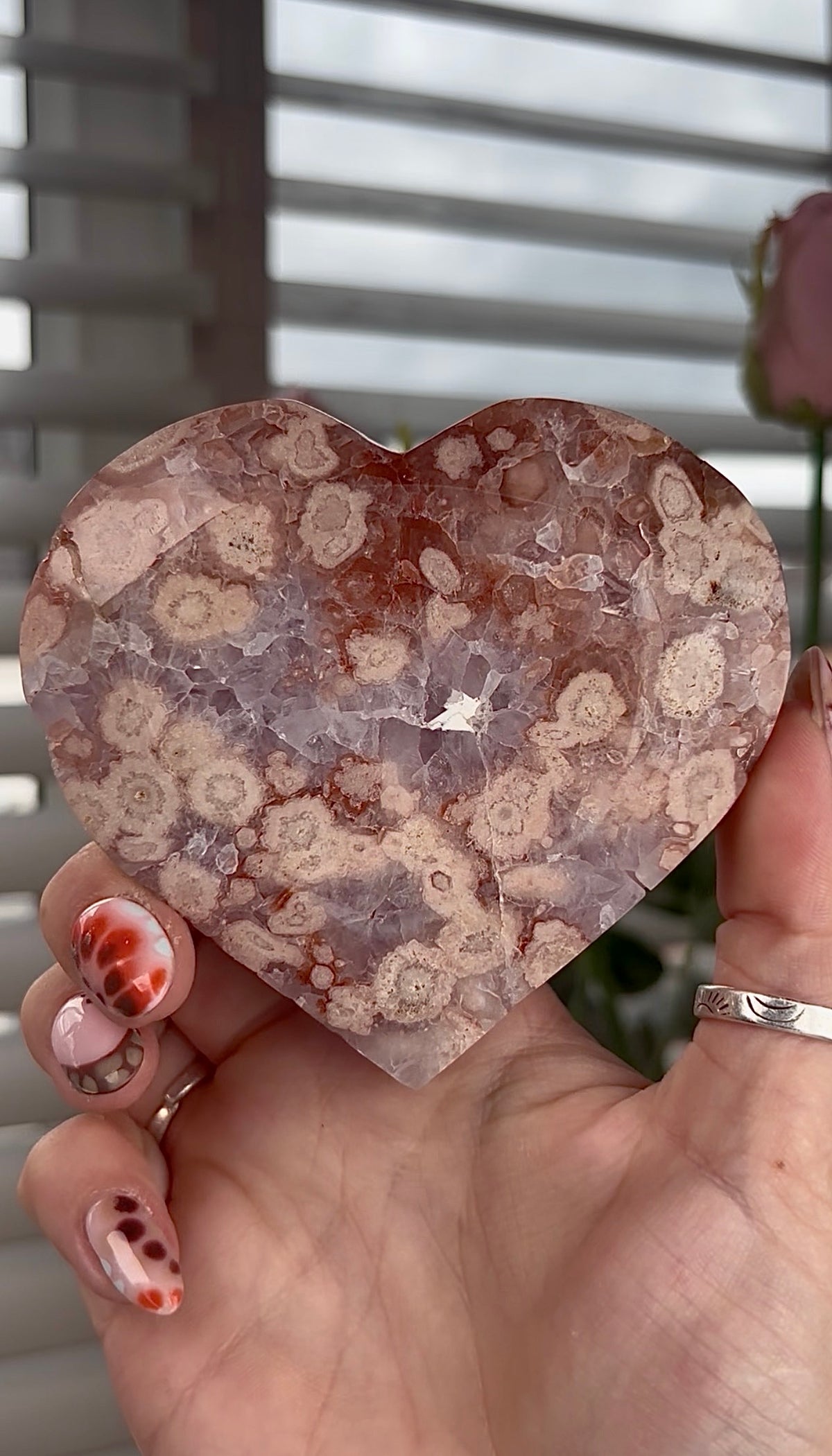 High grade, amethyst Flower agate heart with high clarity quartz