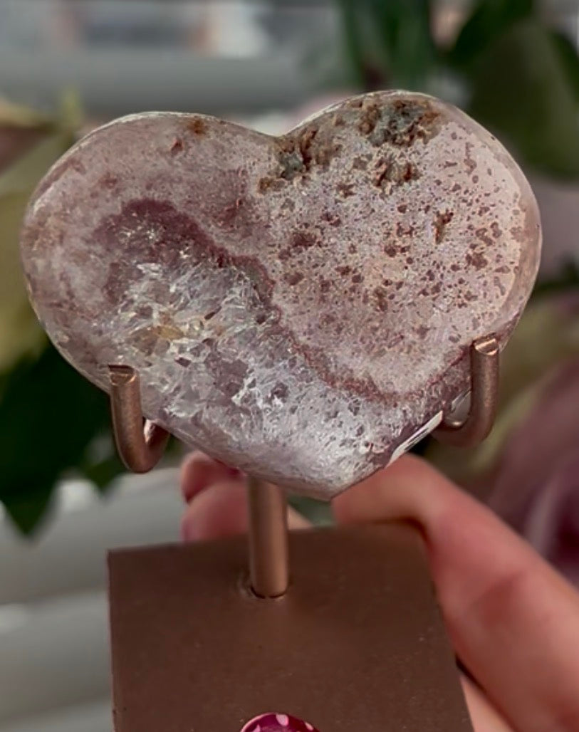 pink amethyst heart with quartz - comes with stand