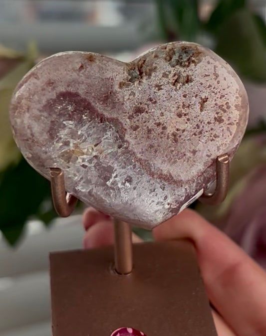 pink amethyst heart with quartz - comes with stand