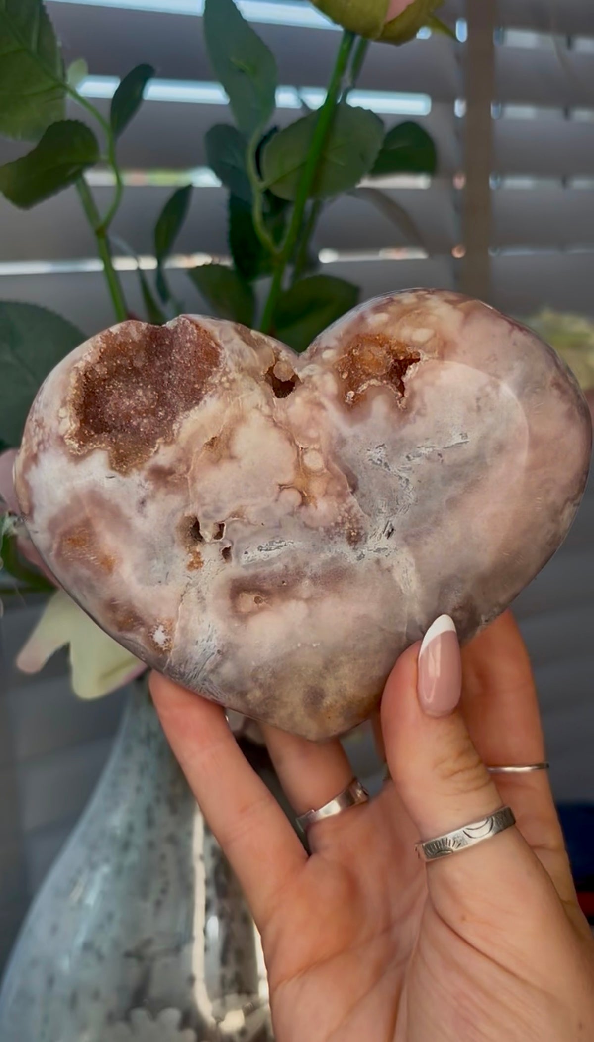 Gorgeous, pink amethyst heart- comes with stand