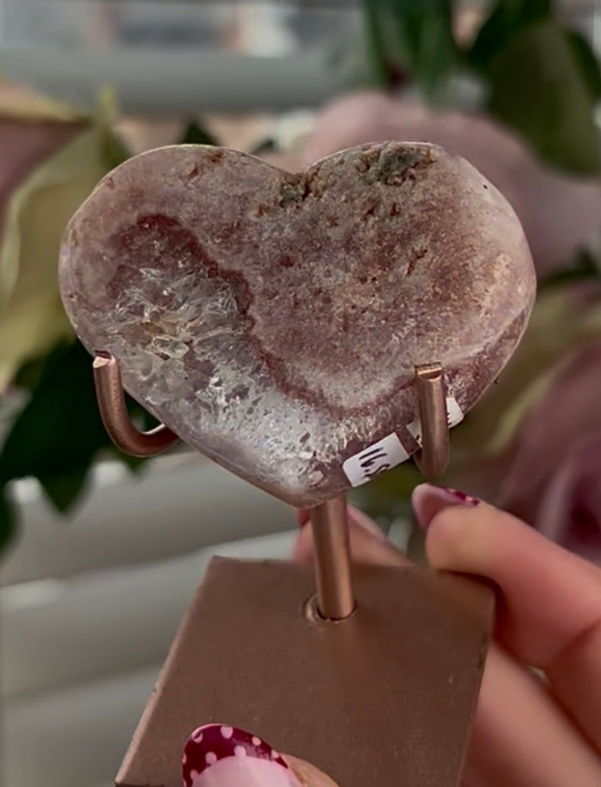pink amethyst heart with quartz - comes with stand