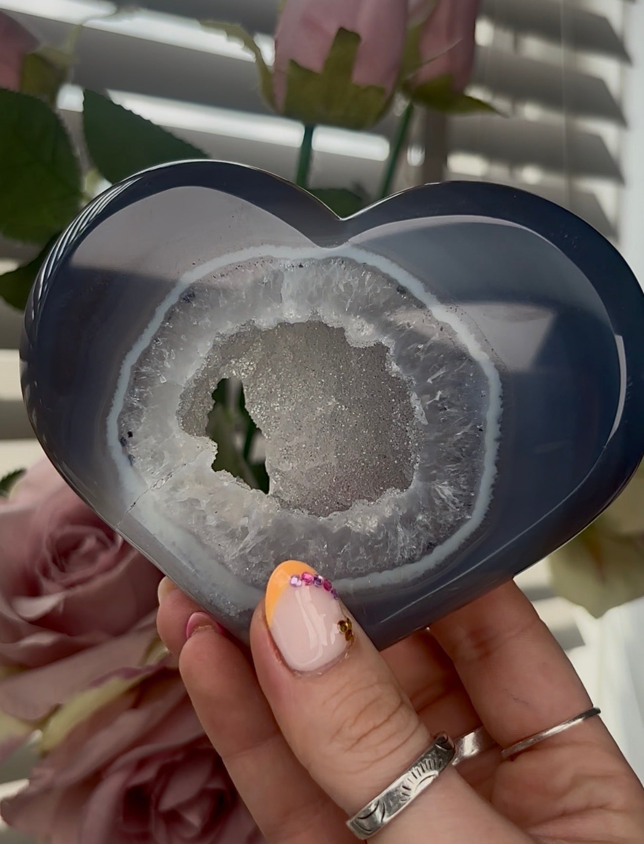 Beautiful, high quality, blue agate heart with druzy - stand included