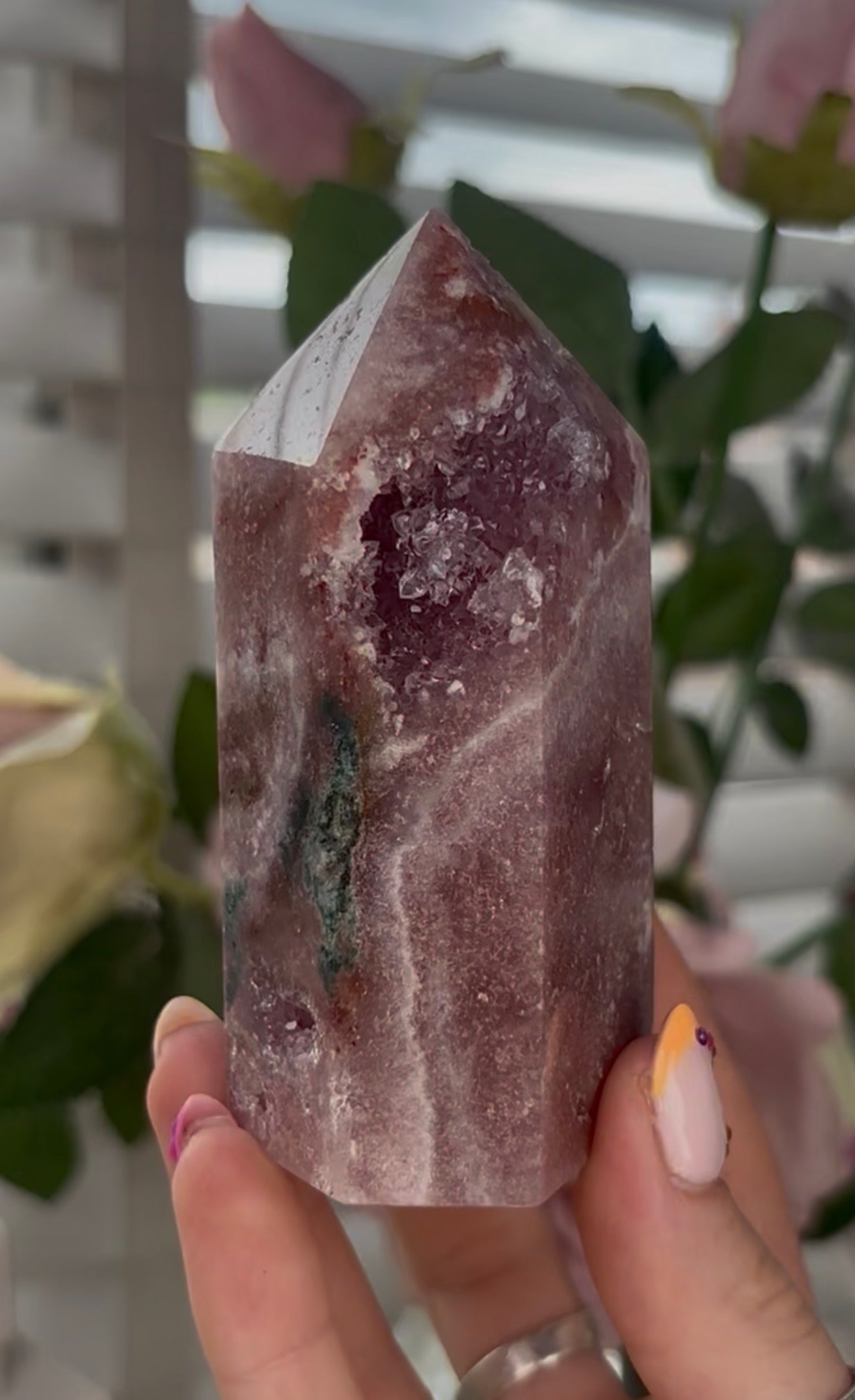 Pretty, Pink amethyst tower, with Green jasper