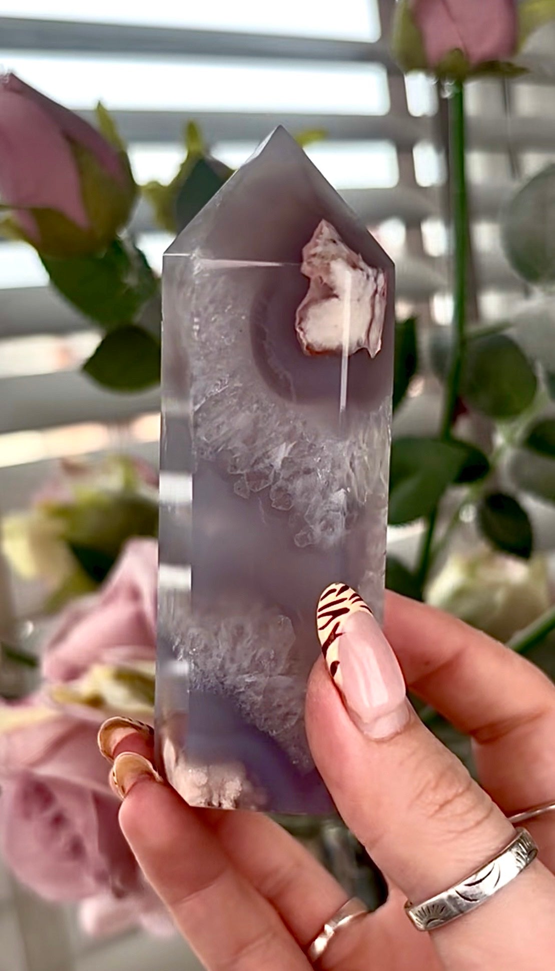 Stunning!! Super high quality, Druzy, green chlorite x blue flower agate tower