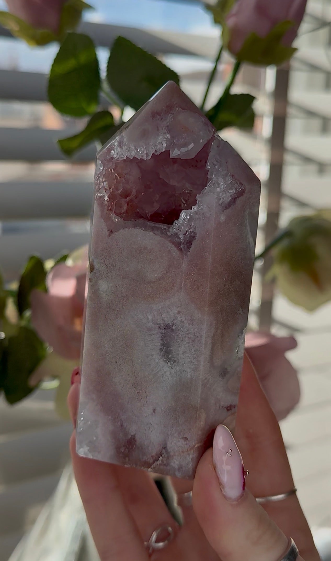 Pink amethyst tower with quartz 12cm(h) 6cm(w)