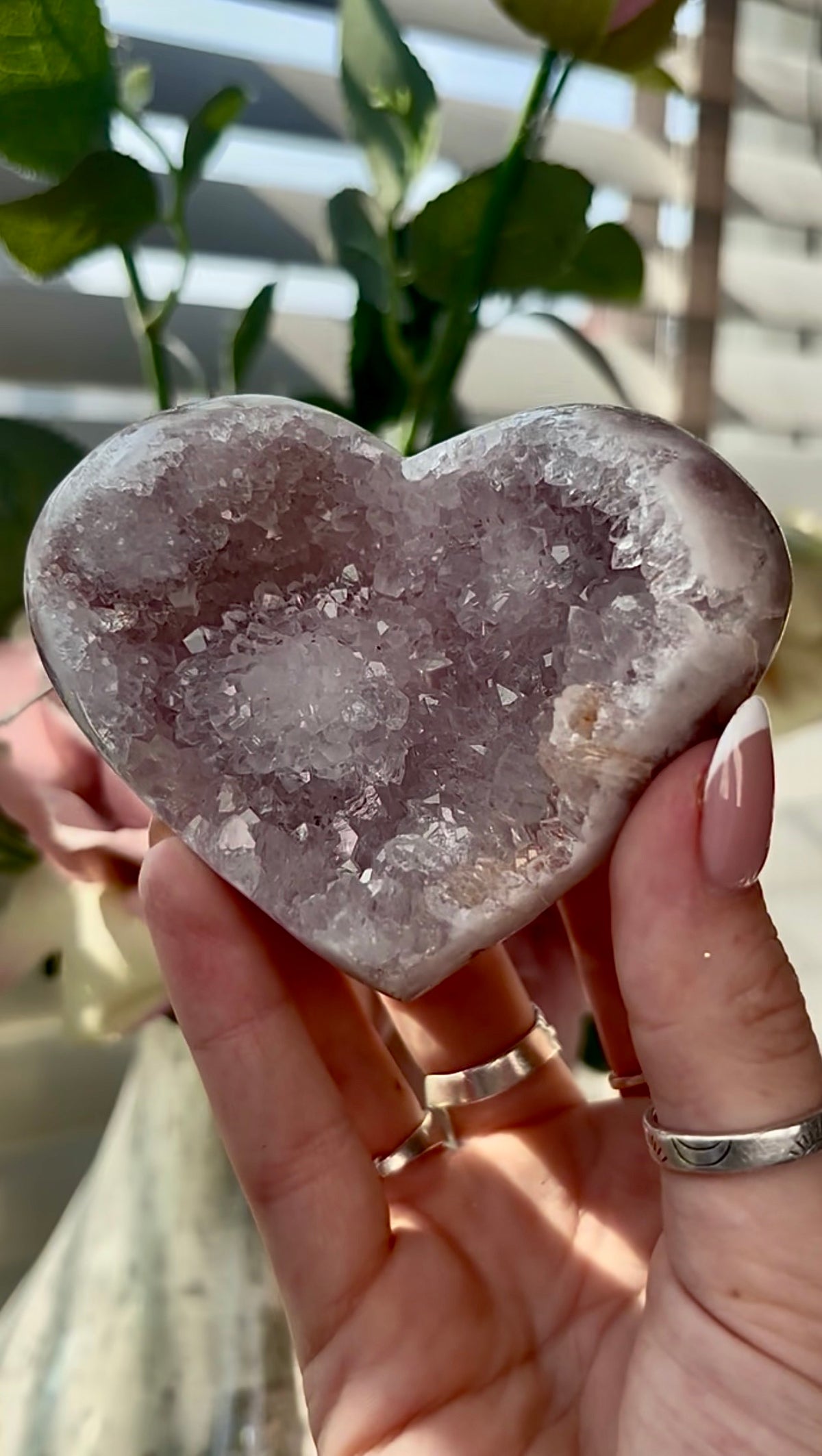 Gorgeous, pink amethyst heart- comes with stand
