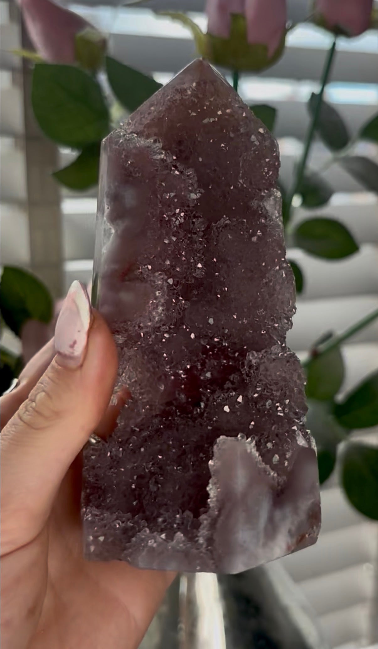 Beautiful, high quality, Pink amethyst tower in lilac tones with sugar druzy