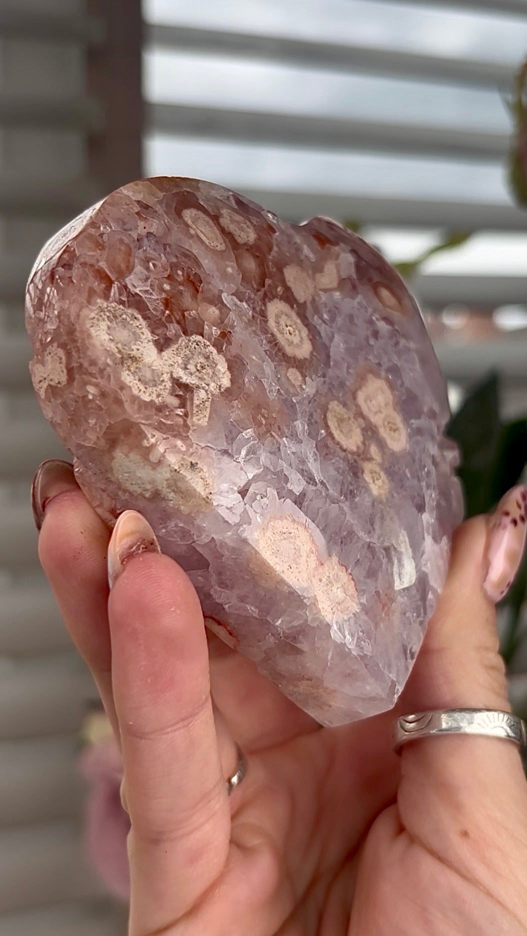 High grade, amethyst Flower agate heart with high clarity quartz