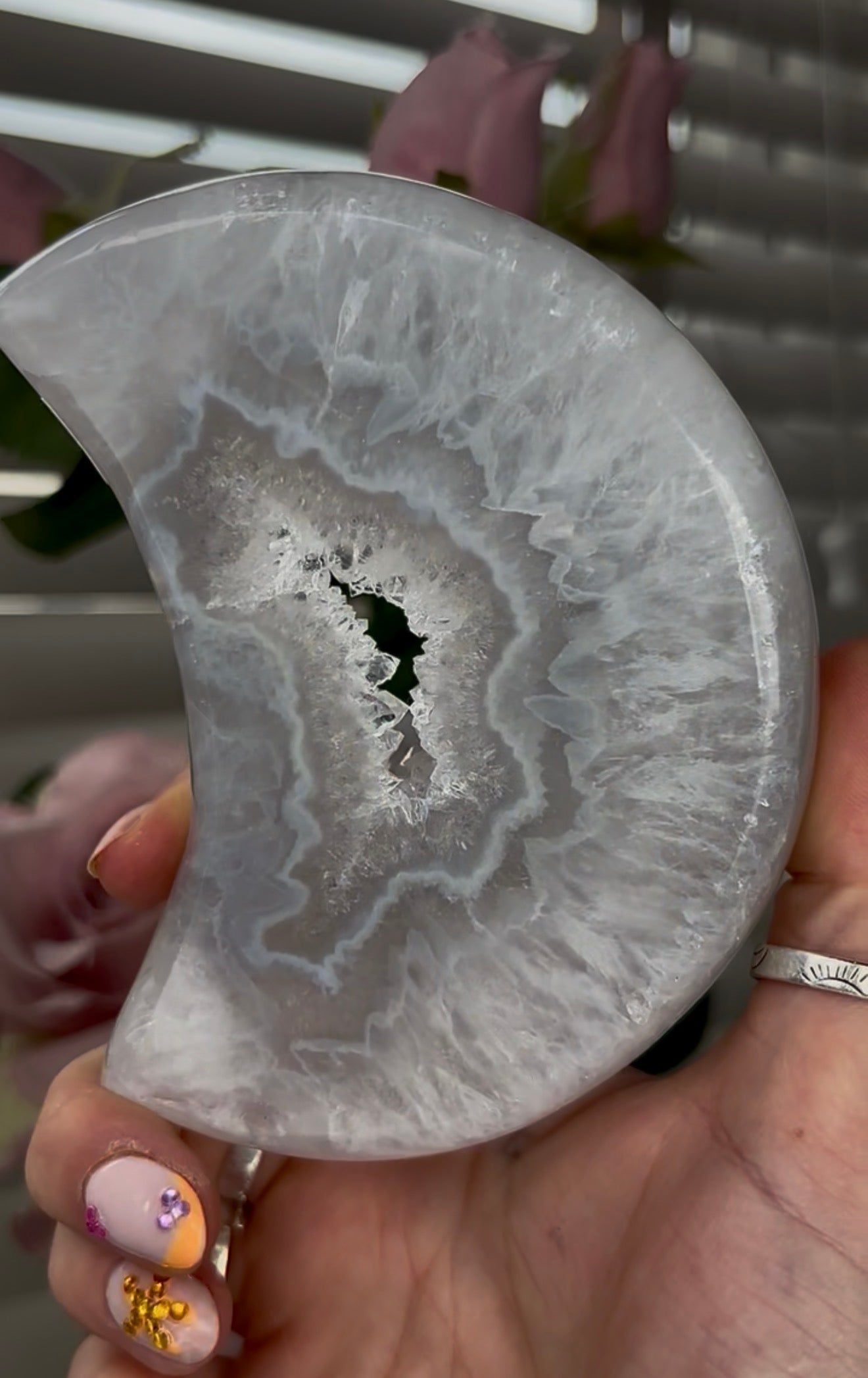 Beautiful, high grade, agate moon with druzy - comes with stand