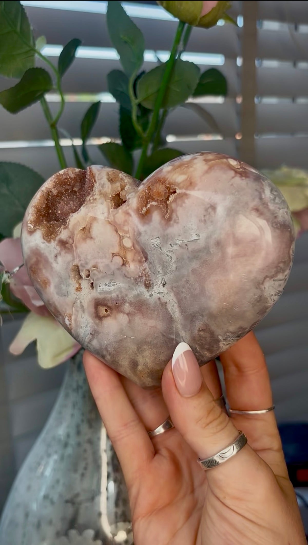 Gorgeous, pink amethyst heart- comes with stand