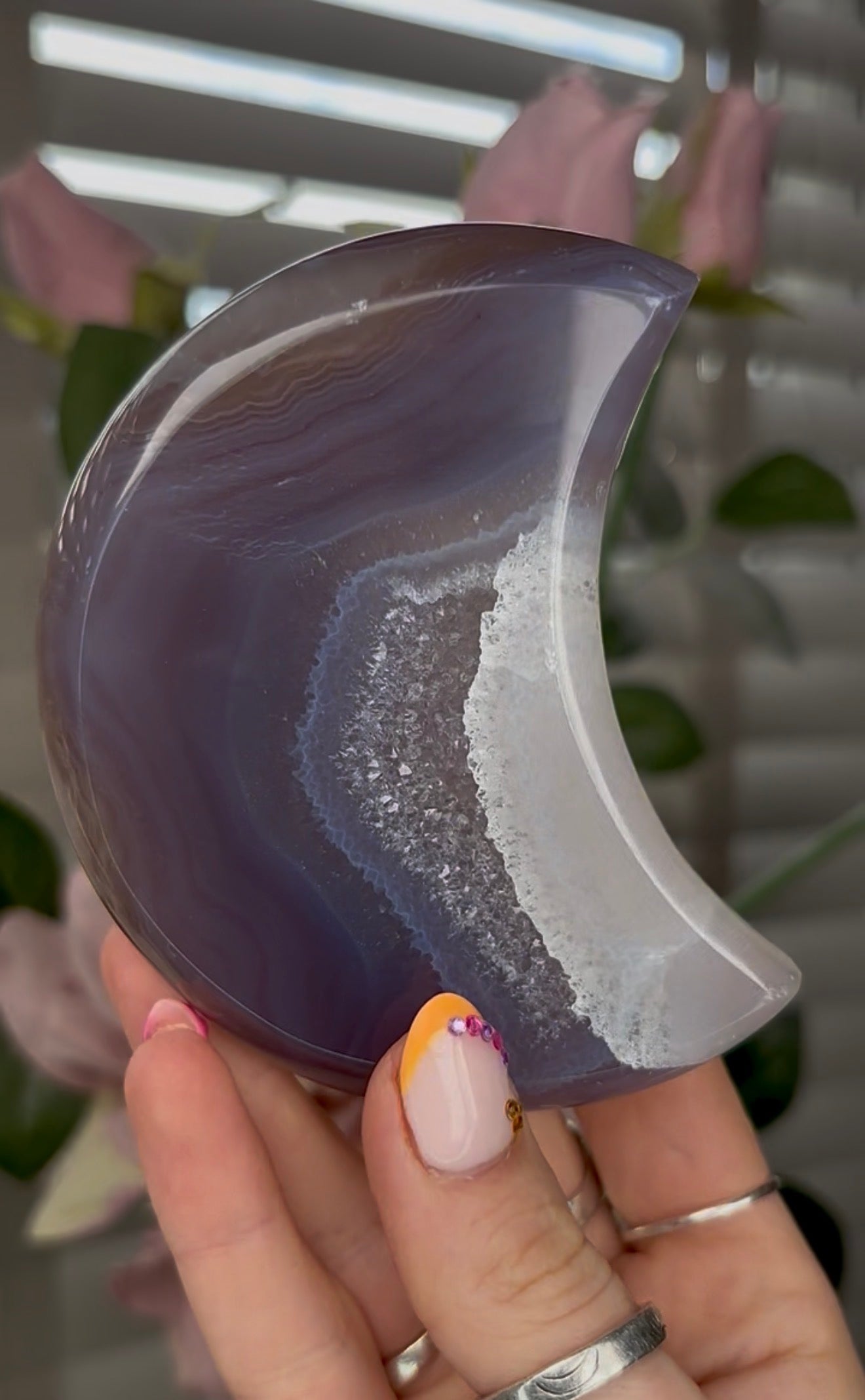 Beautiful, agate moon with druzy - comes with stand