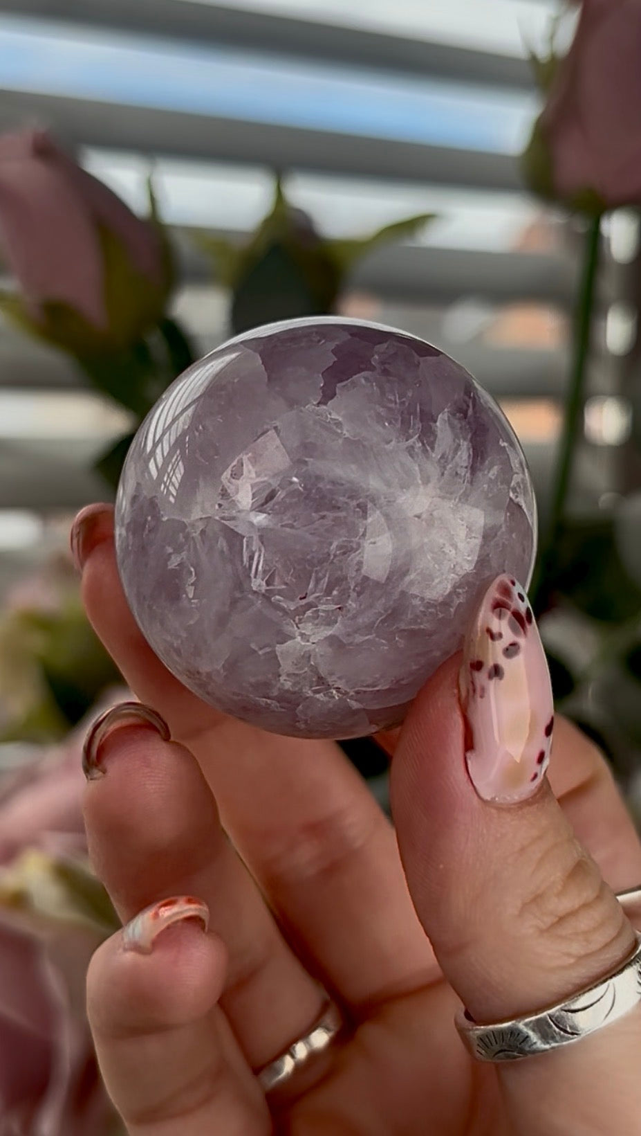 High grade, amethyst Flower agate sphere with high clarity quartz - 4.6cm