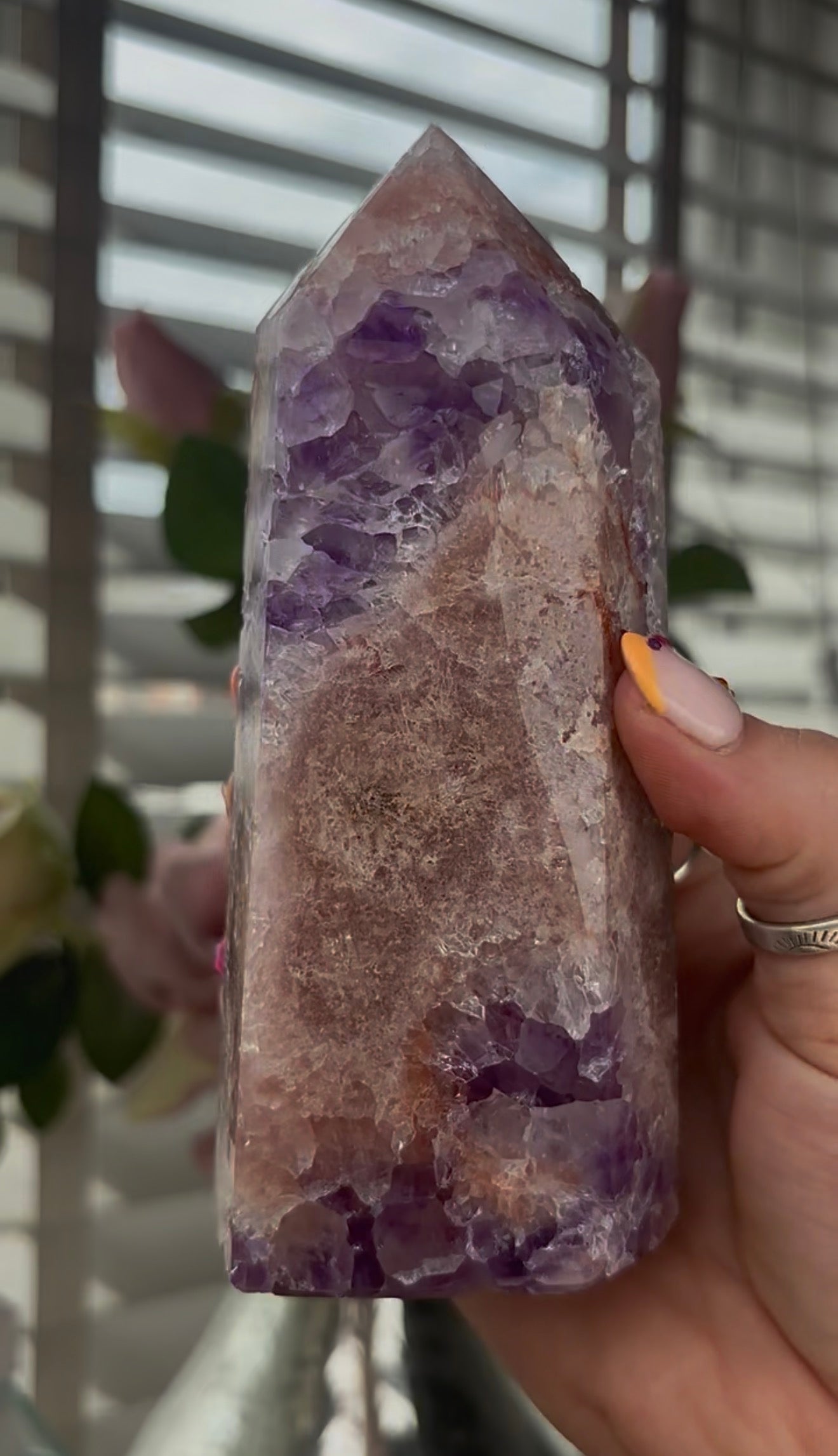 Beautiful, large, high quality, Pink amethyst tower with purple quartz