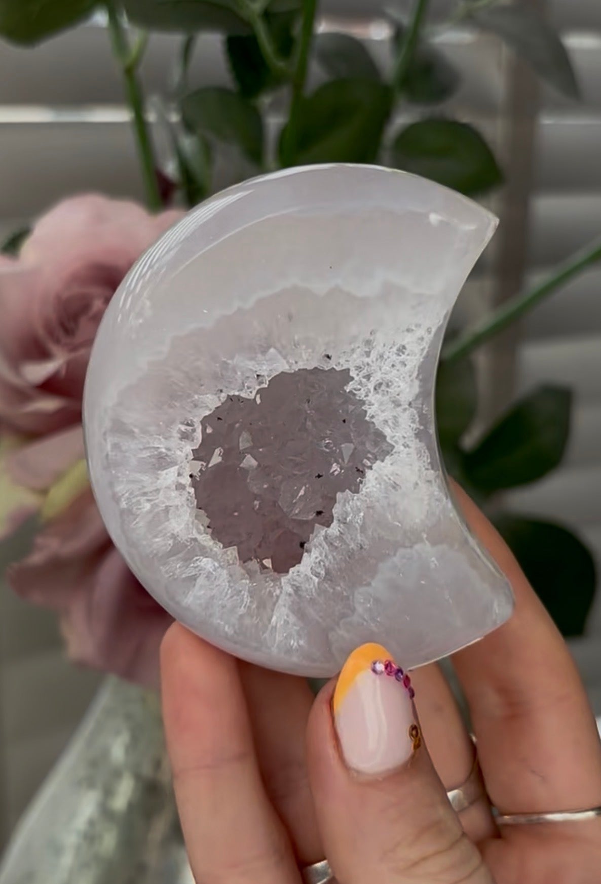 Beautiful, high grade, agate moon with druzy - comes with stand