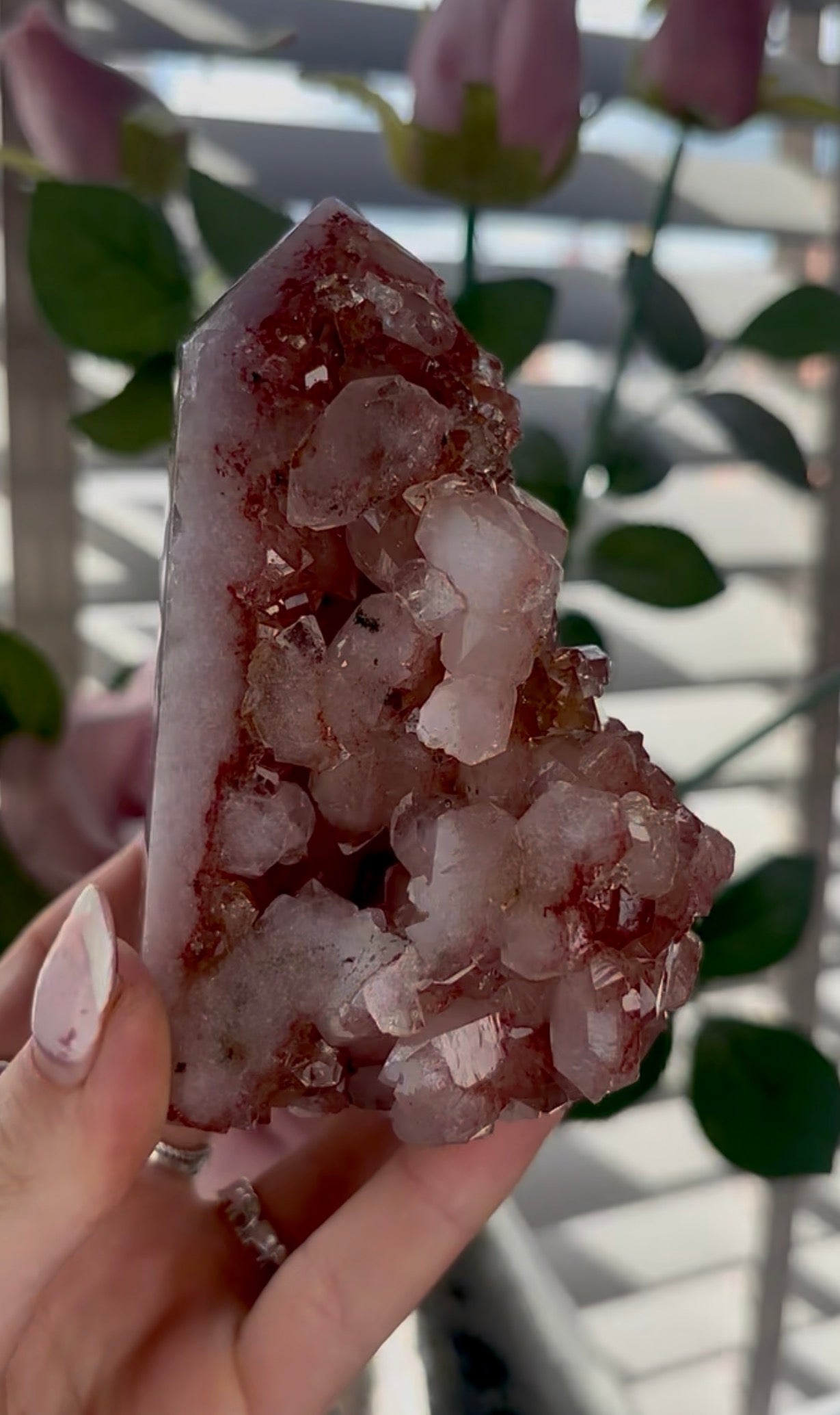 Beautiful, high quality, Pink amethyst tower in burnt orange/red tones with chewing gum druzy