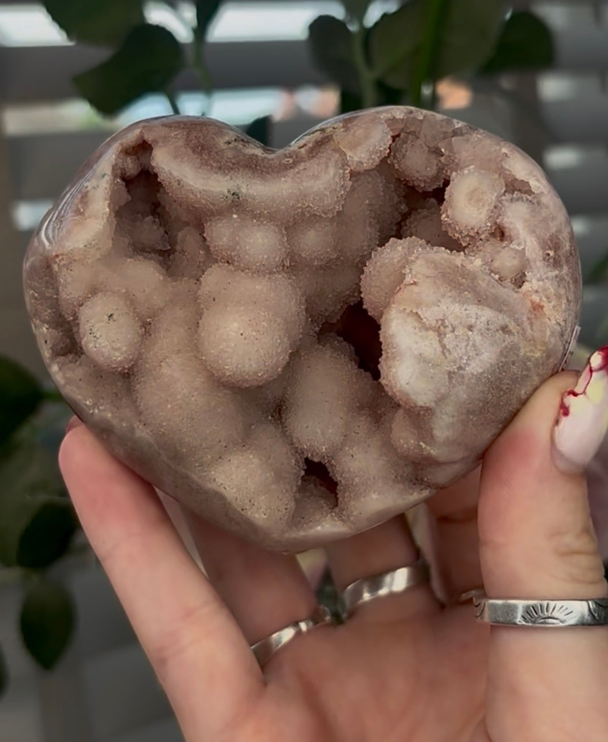 Chunky pink amethyst heart with bubble formations - comes with stand (9.6cm)