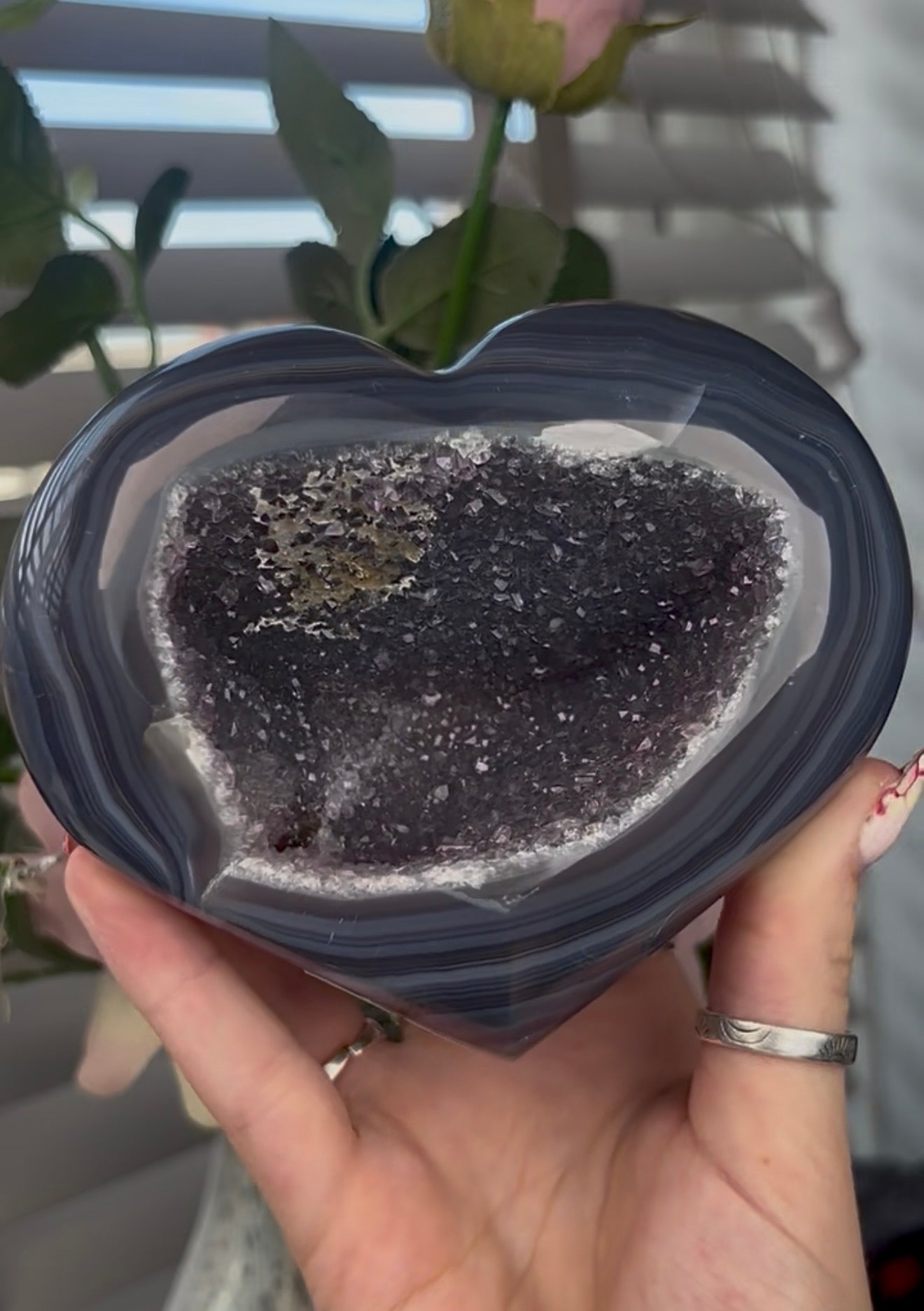 Beautiful, high quality, blue agate heart with druzy - stand included