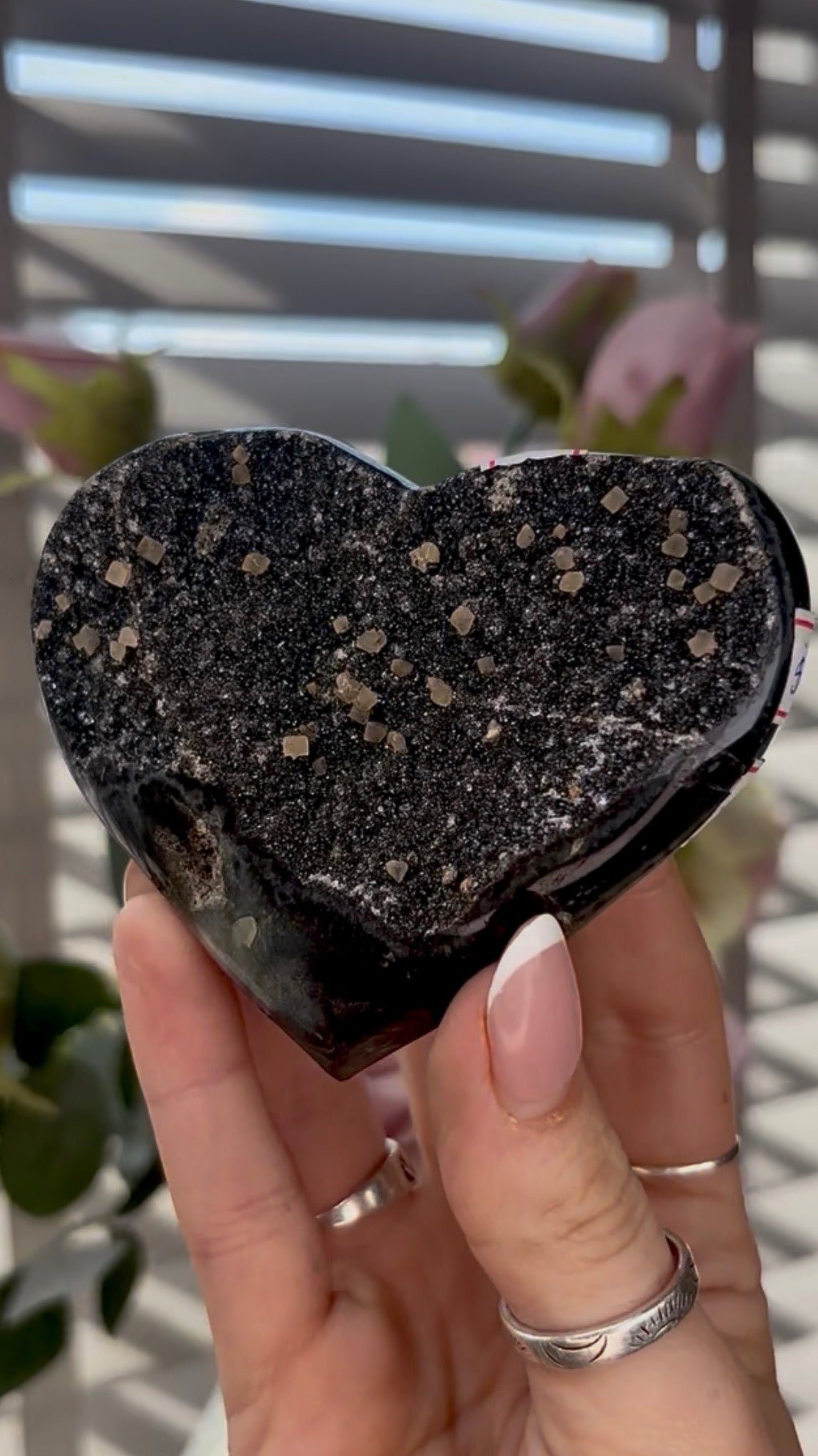 Black Uruguay amethyst heart with calcite - comes with stand