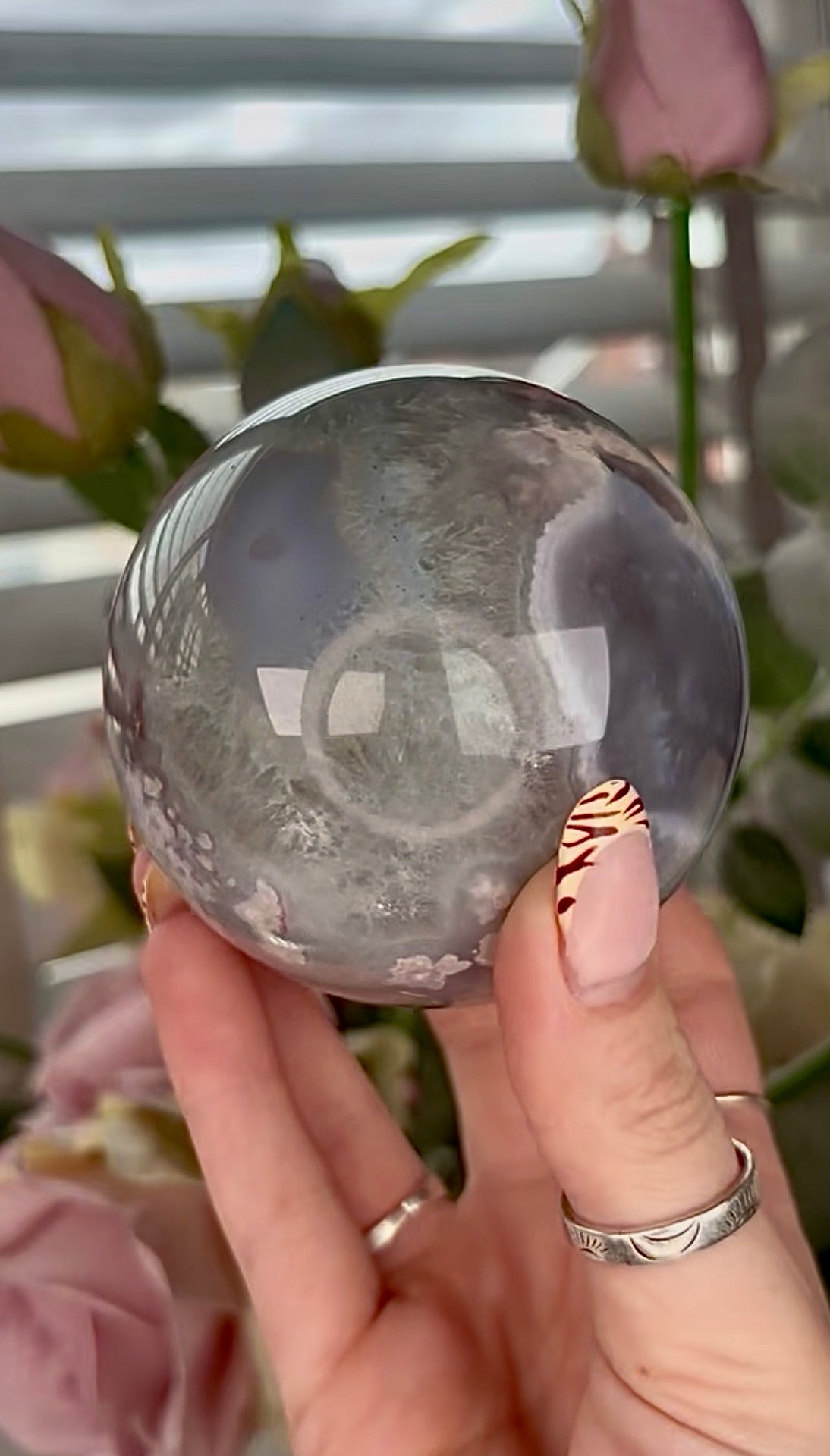 Stunning!! Super high quality, Druzy, green chlorite x blue flower agate sphere