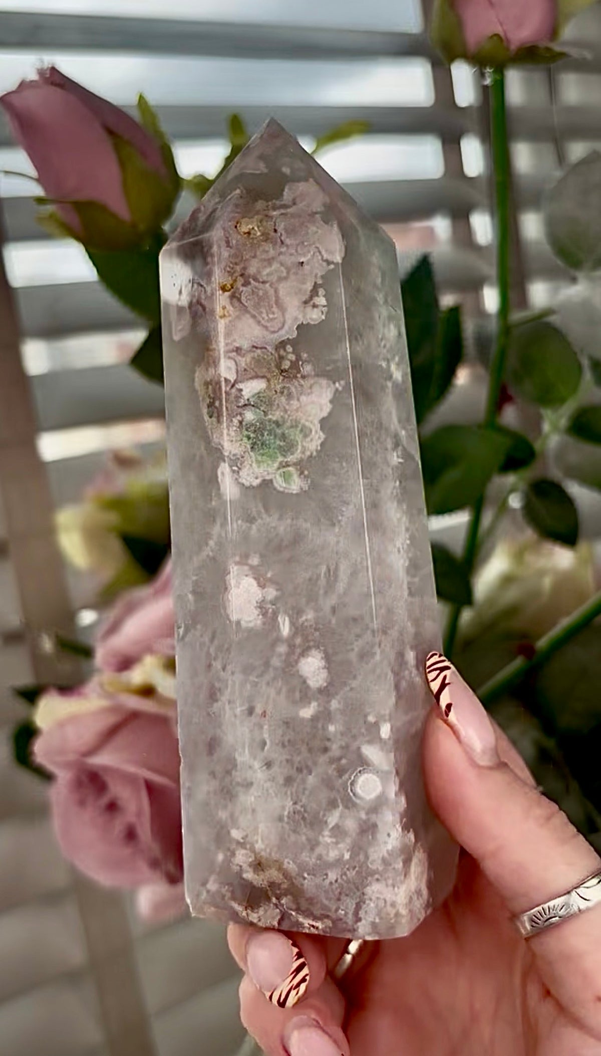 Stunning!! Super high quality, Druzy, green chlorite x blue flower agate tower
