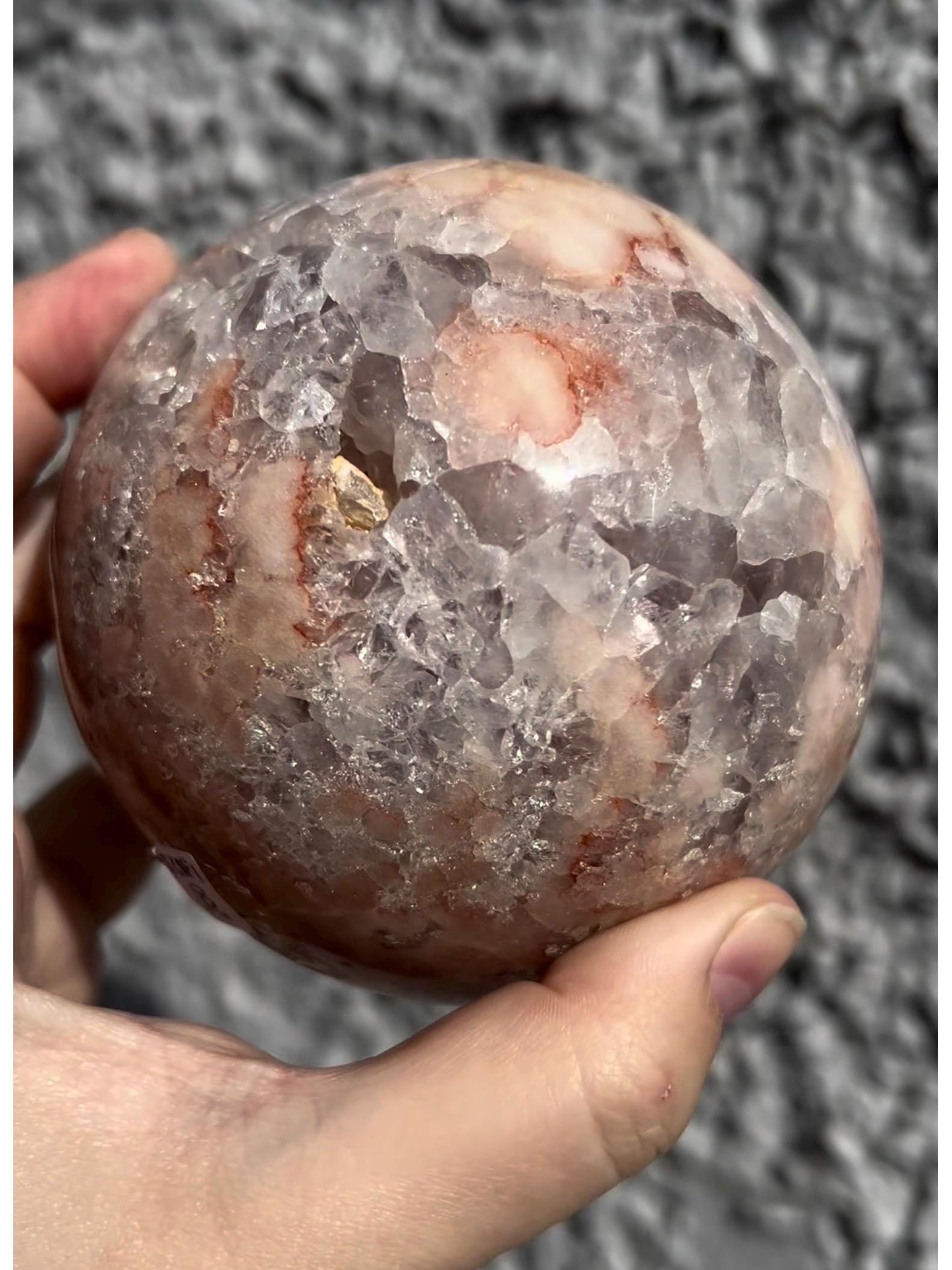 high grade, large, statement, pink amethyst sphere, with incredible quartz & red sugar druzy 1.230kg