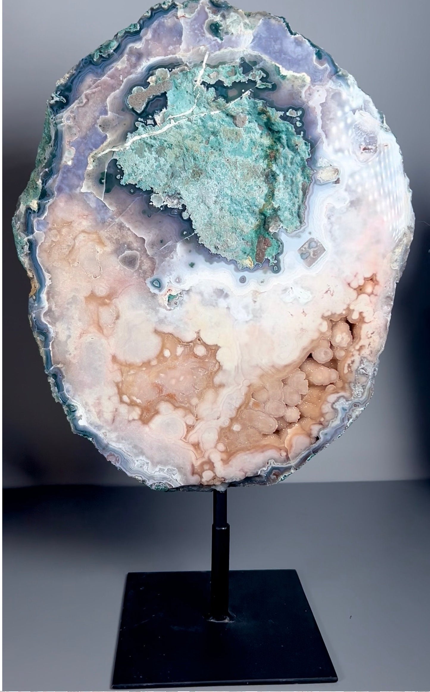 High grade, round pink amethyst slab with green jasper & bubble druzy