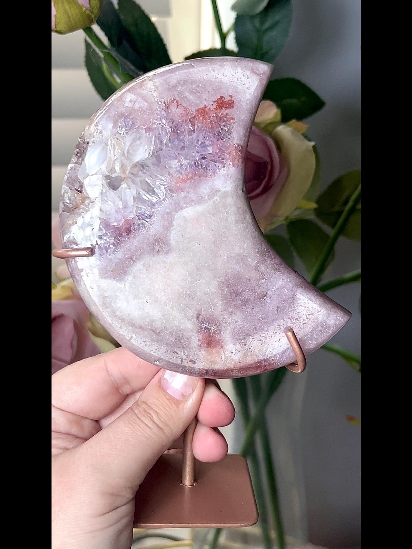 High grade, pink amethyst moon with purple quartz druze 400g