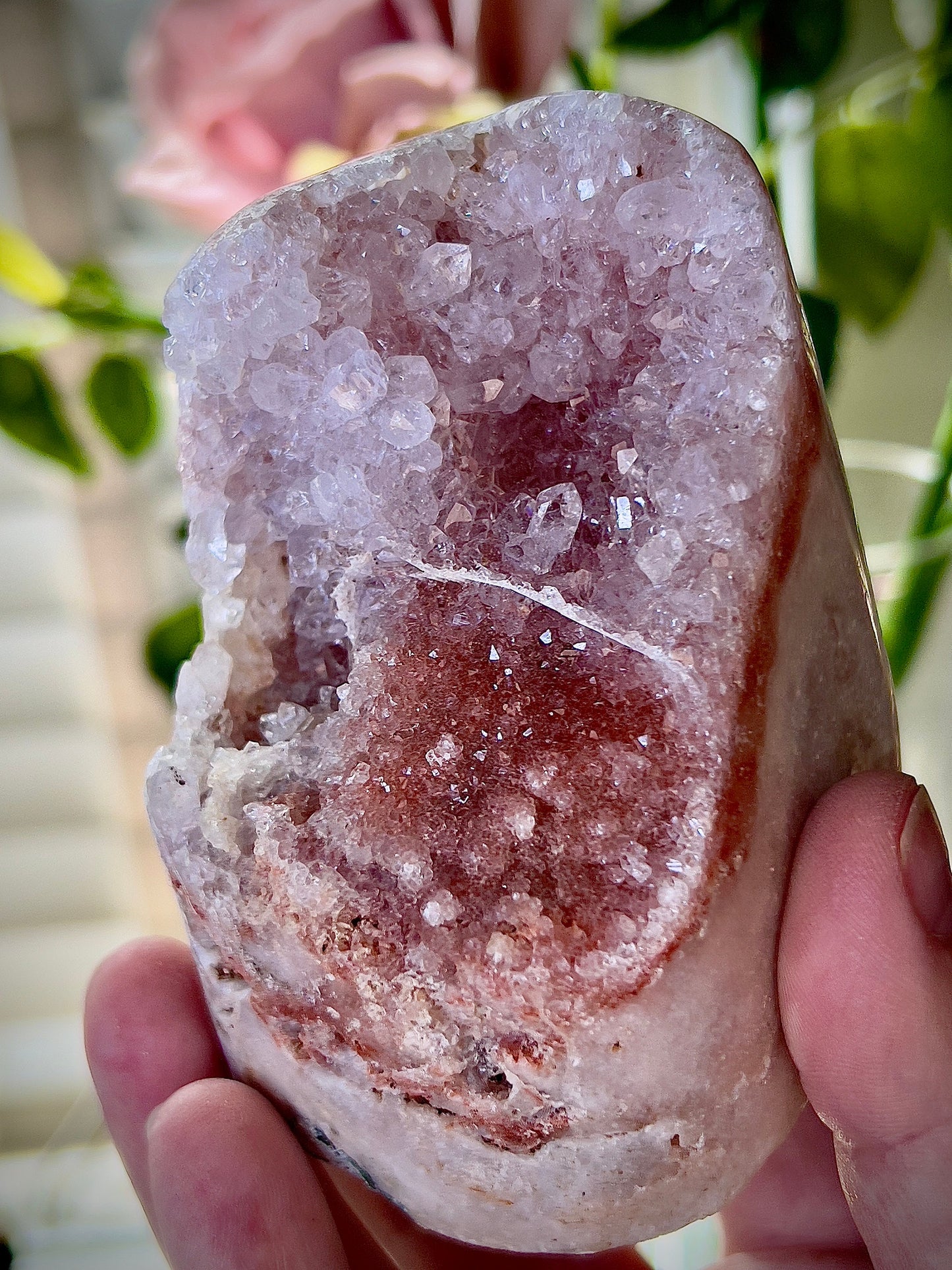 high grade, pink amethyst Freeform with high clarity quartz & red sugar druzy