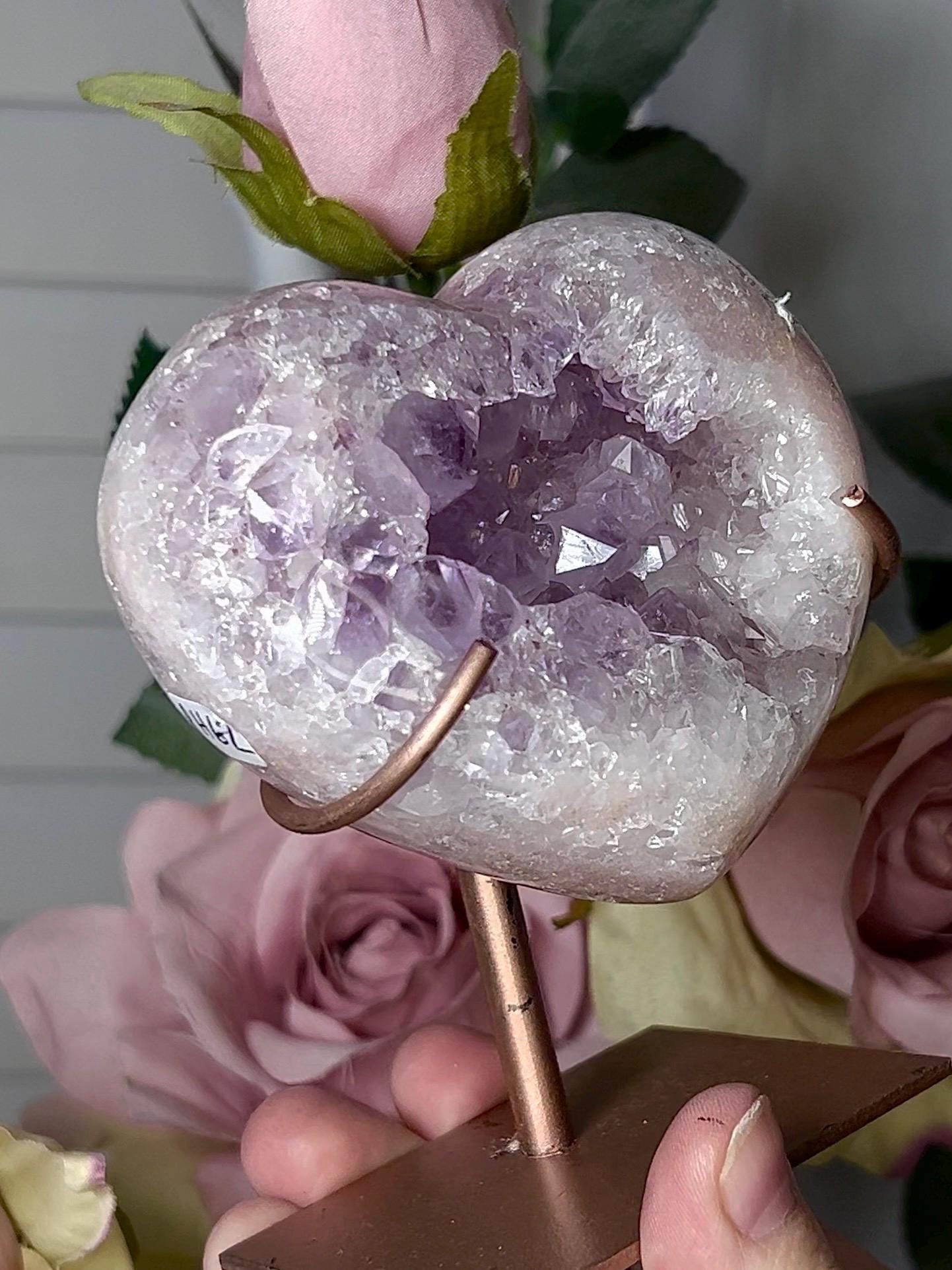 High grade, stunning, pink amethyst heart with purple quartz on stand 384g